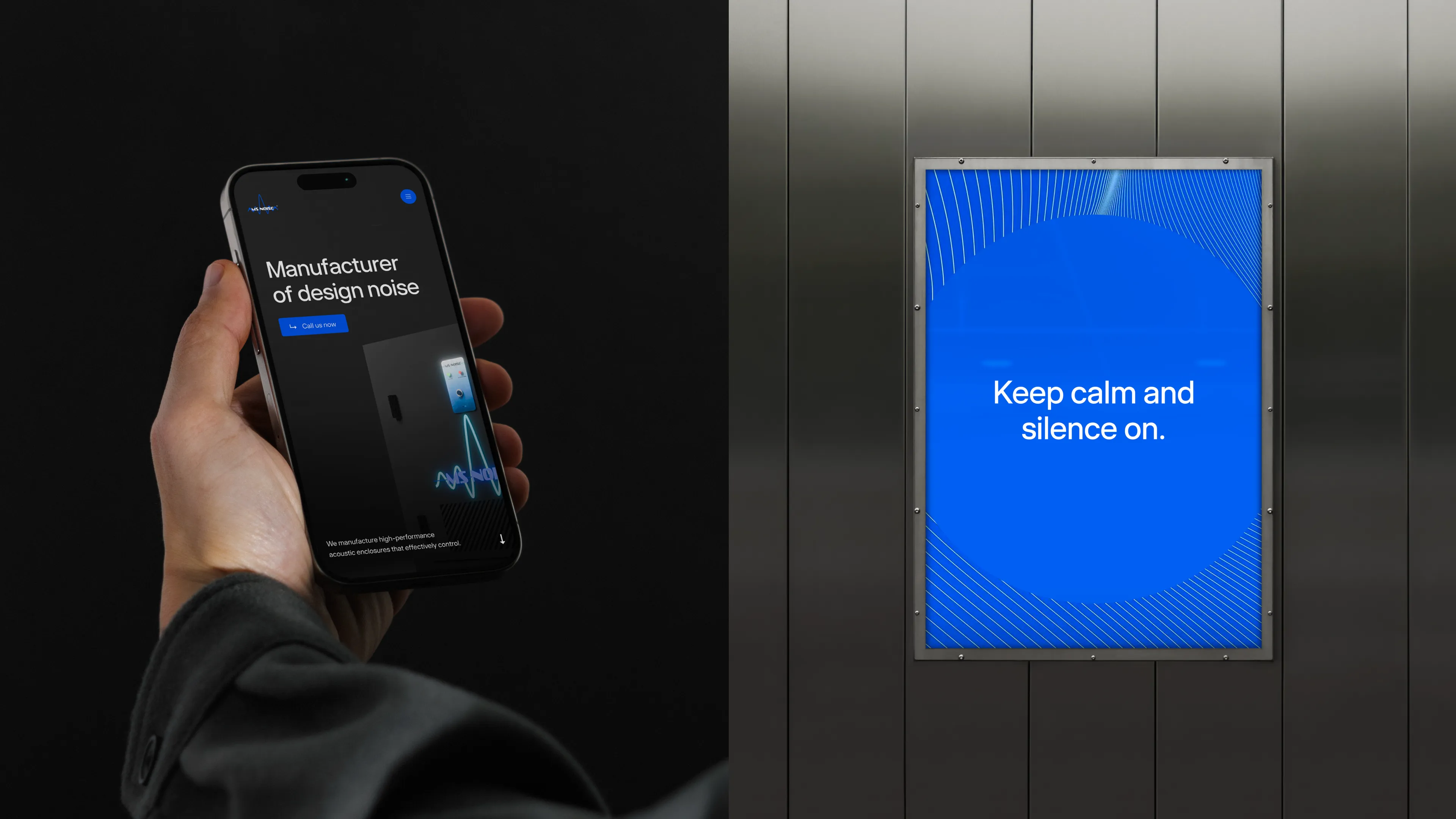 Mobile version of the MS Noise website homepage featuring a noise reduction enclosure and MS Noise brand visual with the message “Keep calm and silence on”, reflecting the brand’s premium positioning.