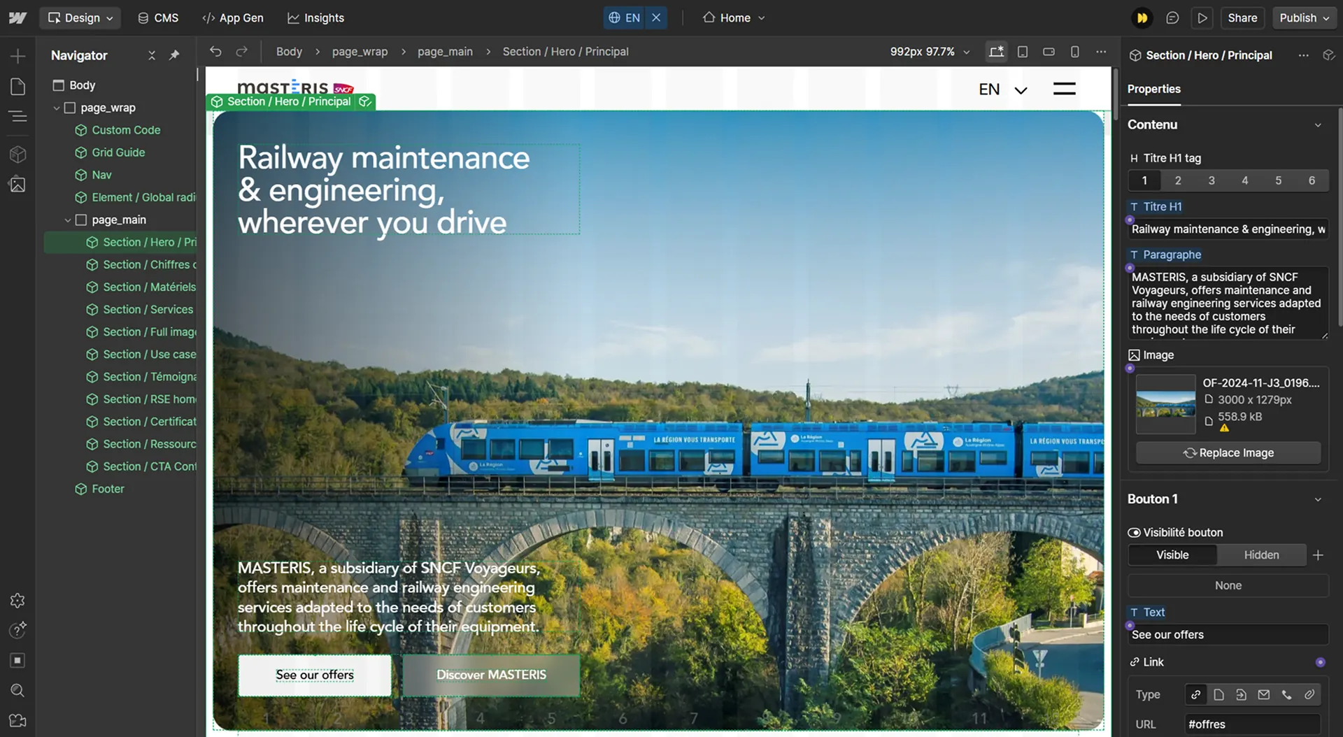 Webflow interface of the masteris webite
