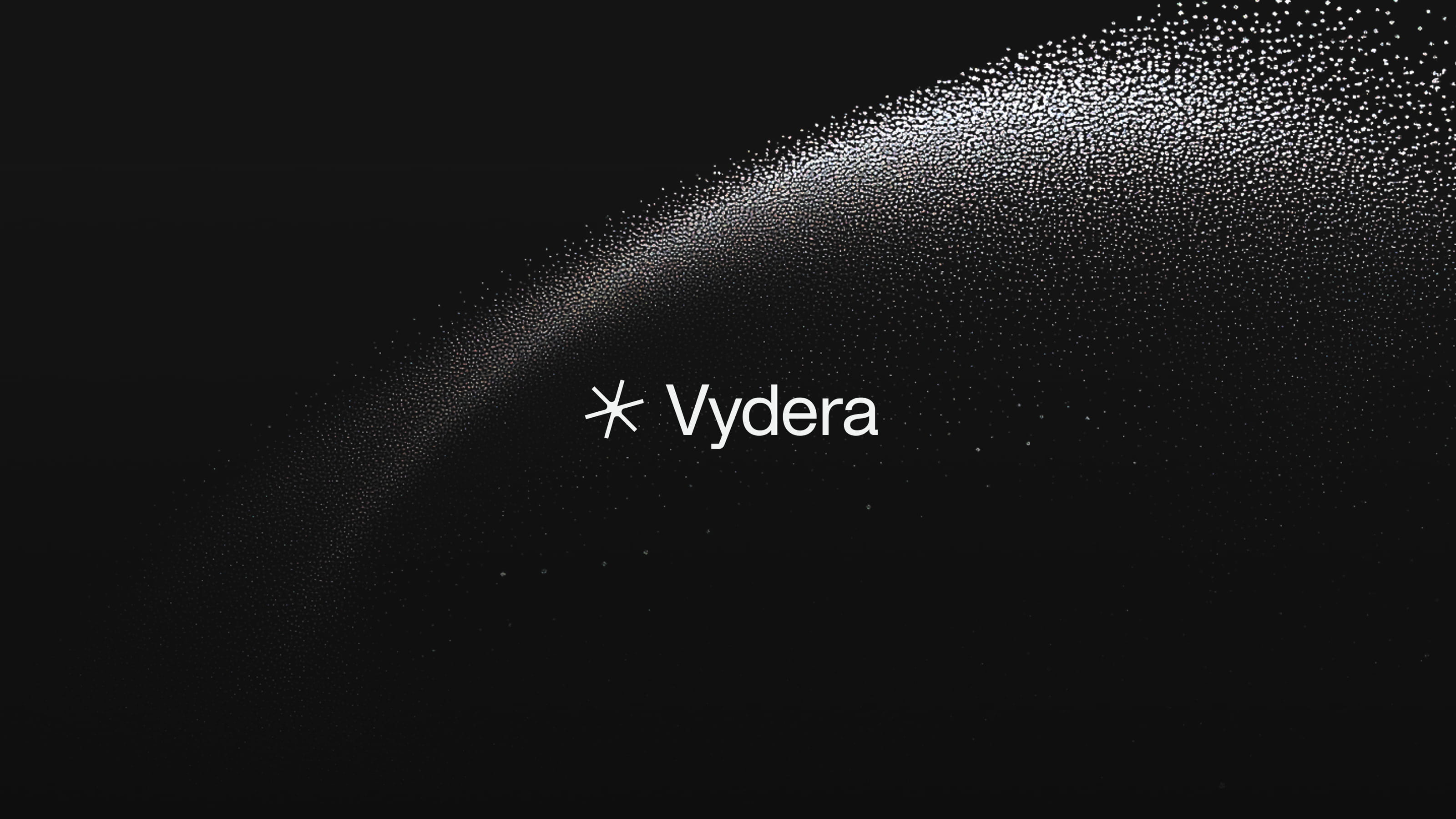 Vydera white logo on a black background, with an abstract particle wave forming an elegant curved shape in a minimalist premium aesthetic.