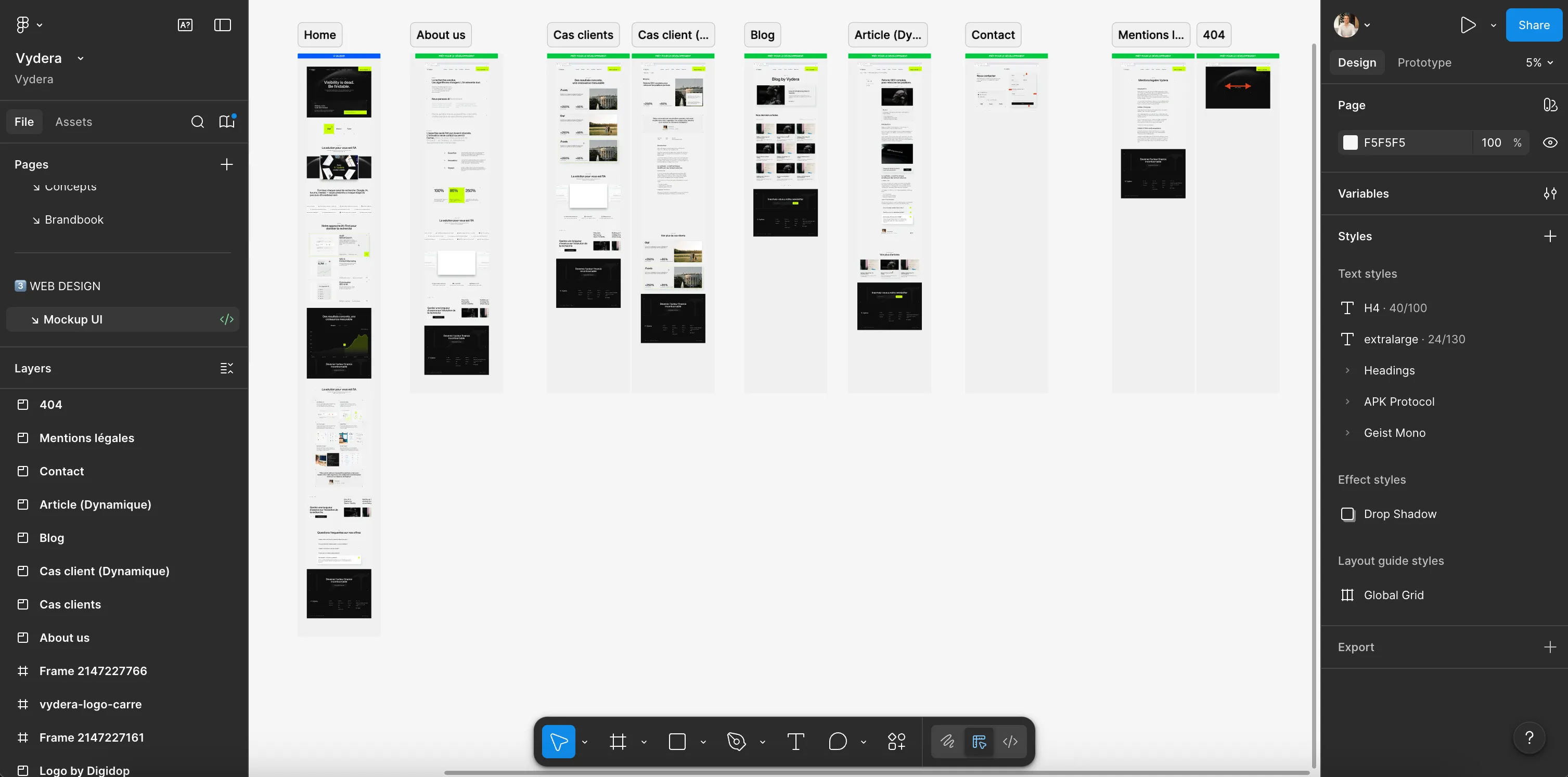 Interface Figma du projet Vydera affichant plusieurs maquettes de pages (Home, About us, Cas clients, Blog, Contact, 404) avec le panneau des styles et variables ouvert sur la droite.
