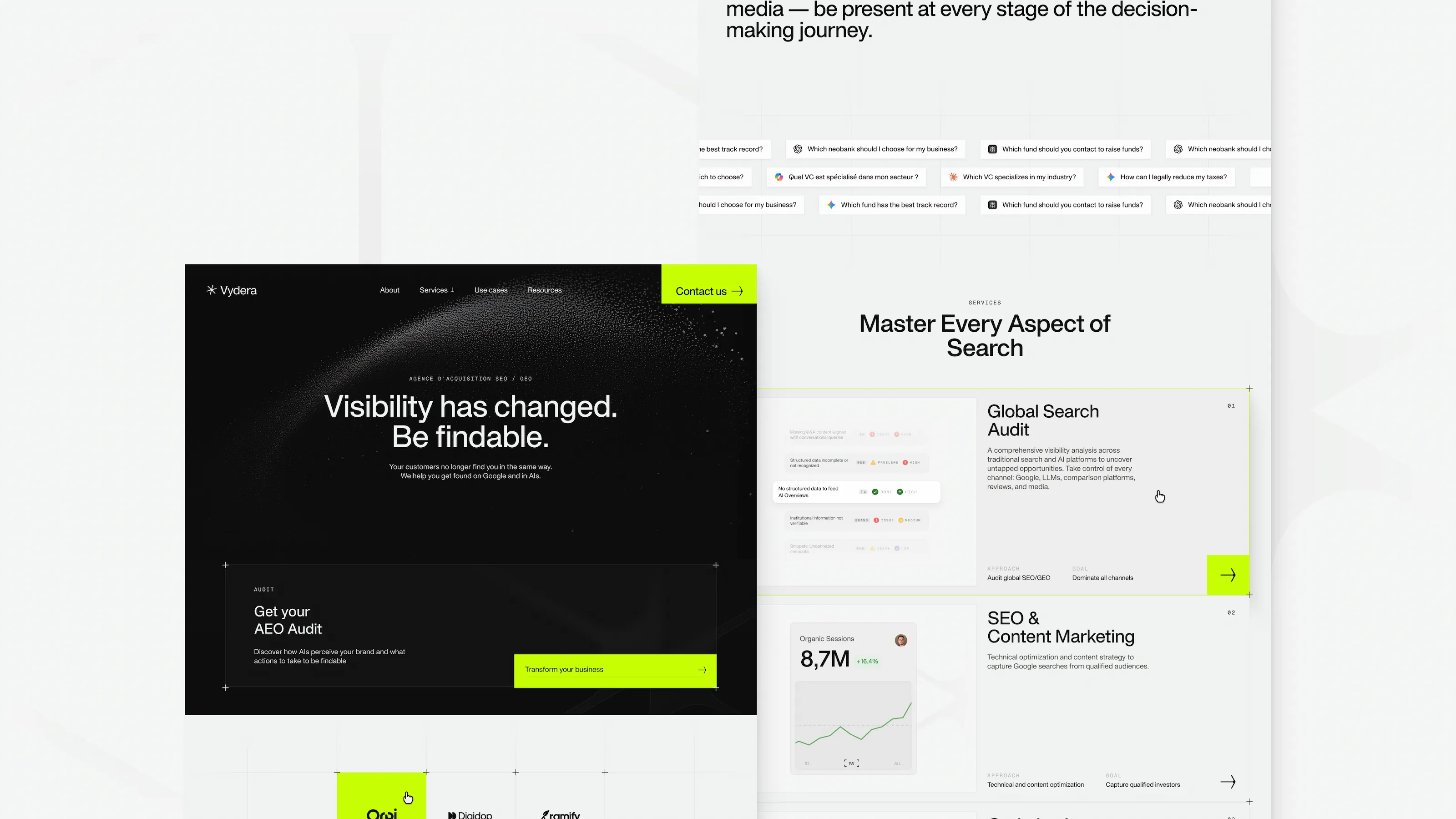 Website mockups of Vydera, SEO & GEO agency, displayed on a white background