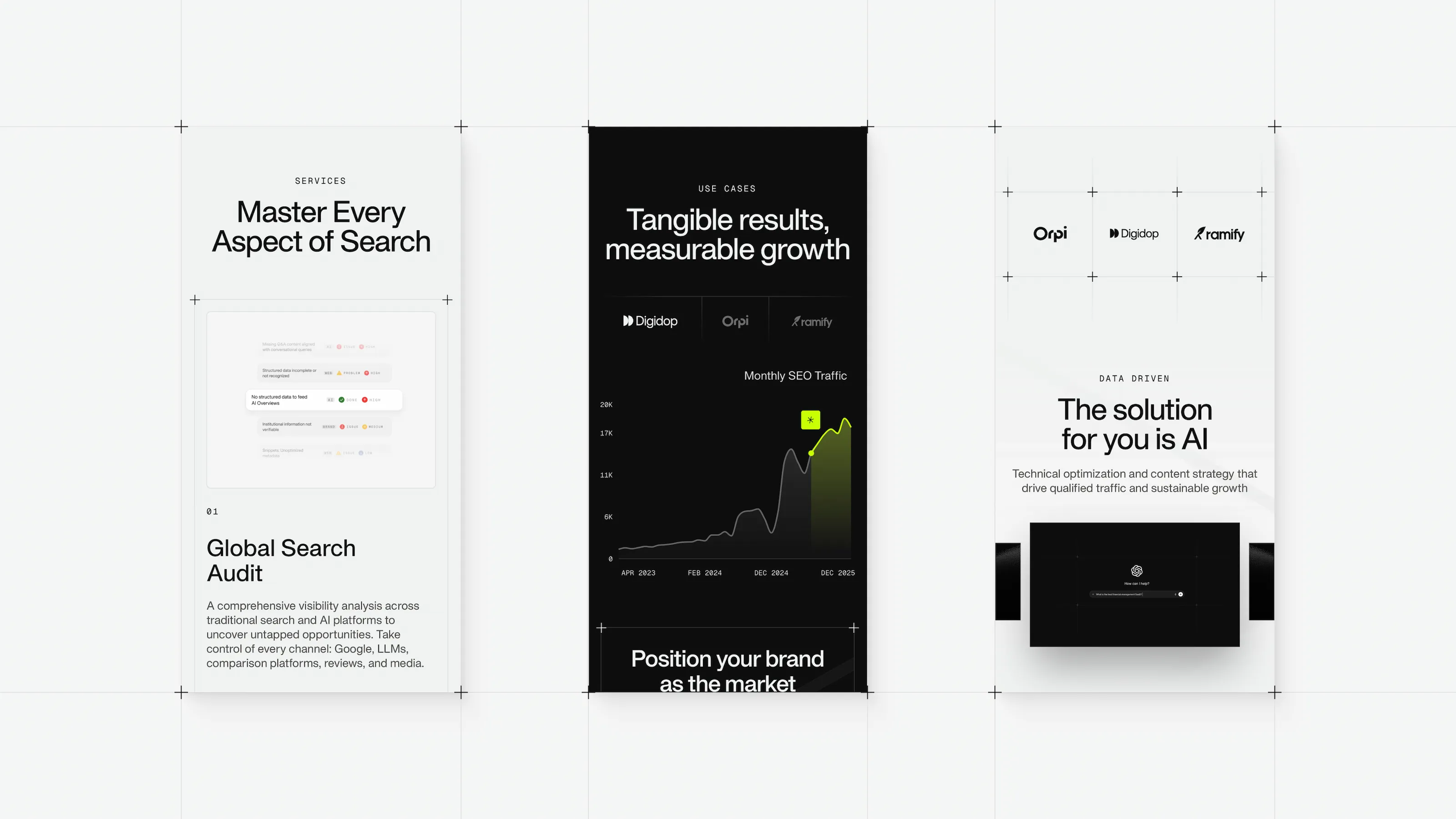 Three mobile mockups of the Vydera agency website showcasing responsive design and services such as Global Search Audit, AI GEO & AEO solutions, and more