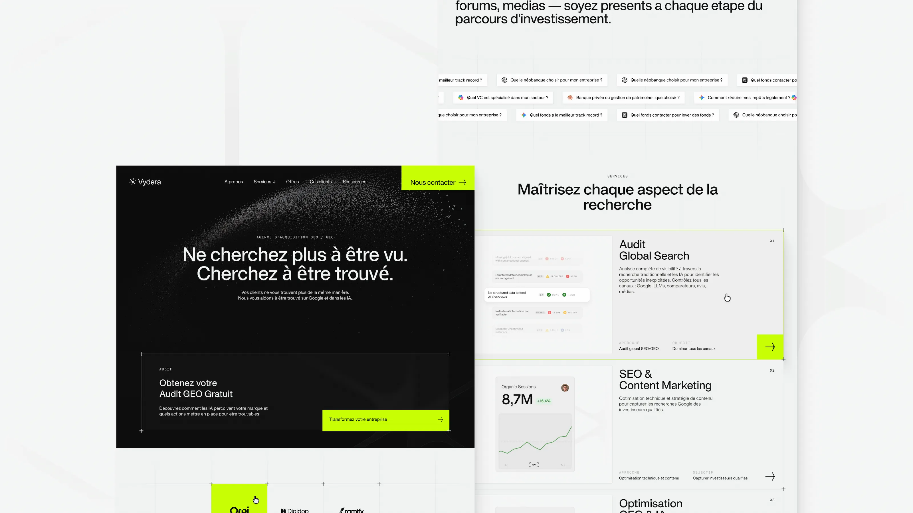 Maquettes de sites web de Vydera, agence SEO & GEO, affichées sur fond blanc