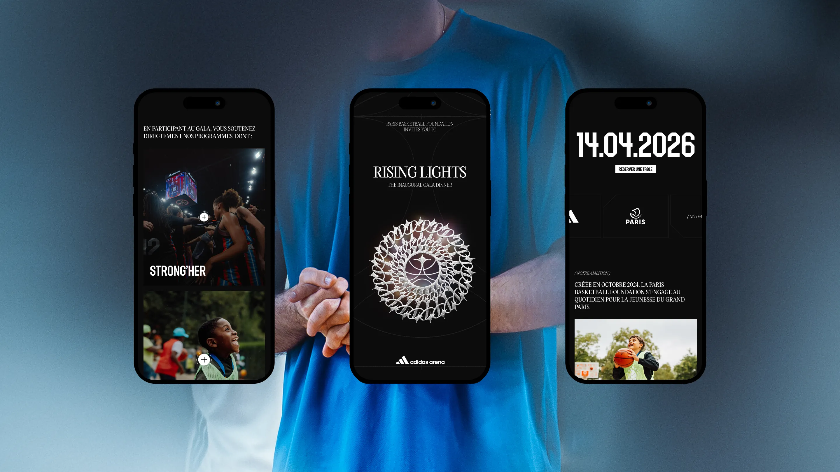 Mobile mockups of the Rising Lights Paris Basketball Foundation gala website showcasing the charity event.