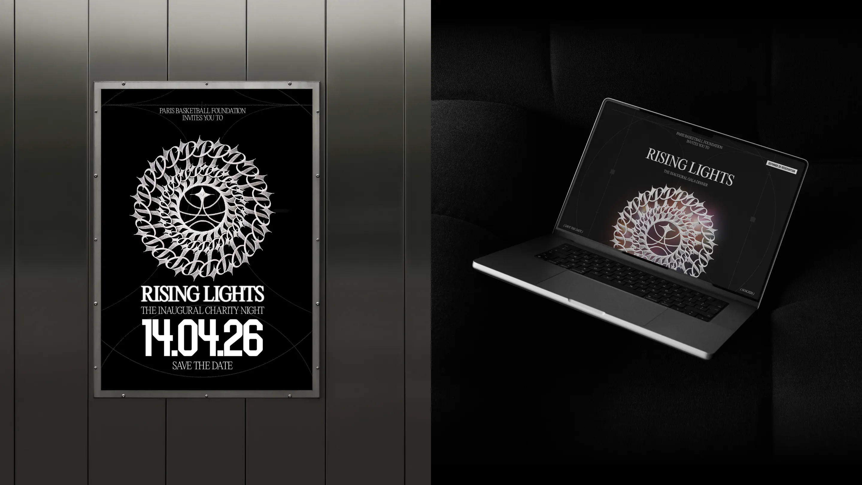 Poster for the Rising Lights Paris Basketball Foundation gala and preview of the event website on a laptop.