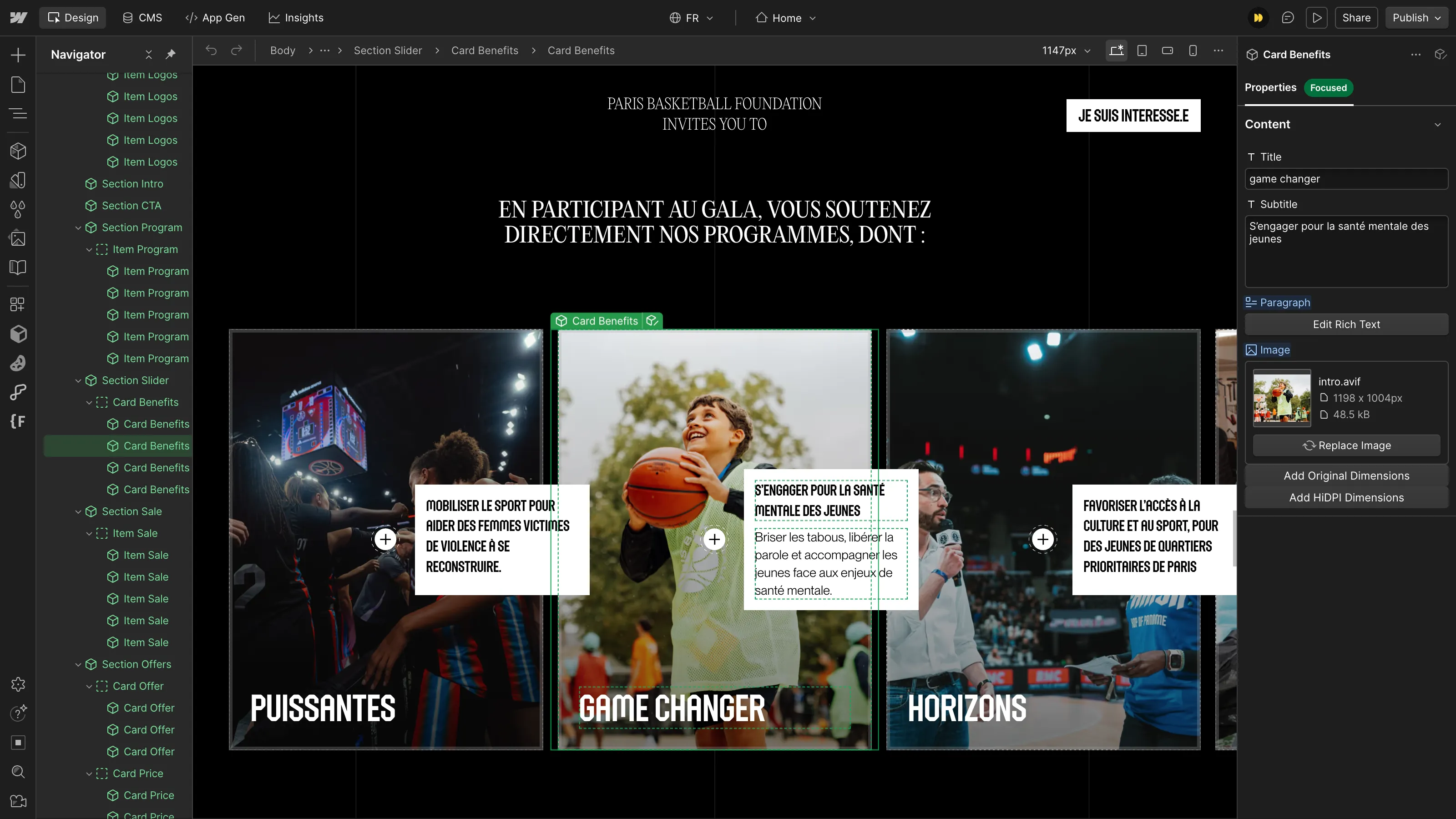 Webflow interface showing the implementation of the Rising Lights Paris Basketball Foundation gala landing page.