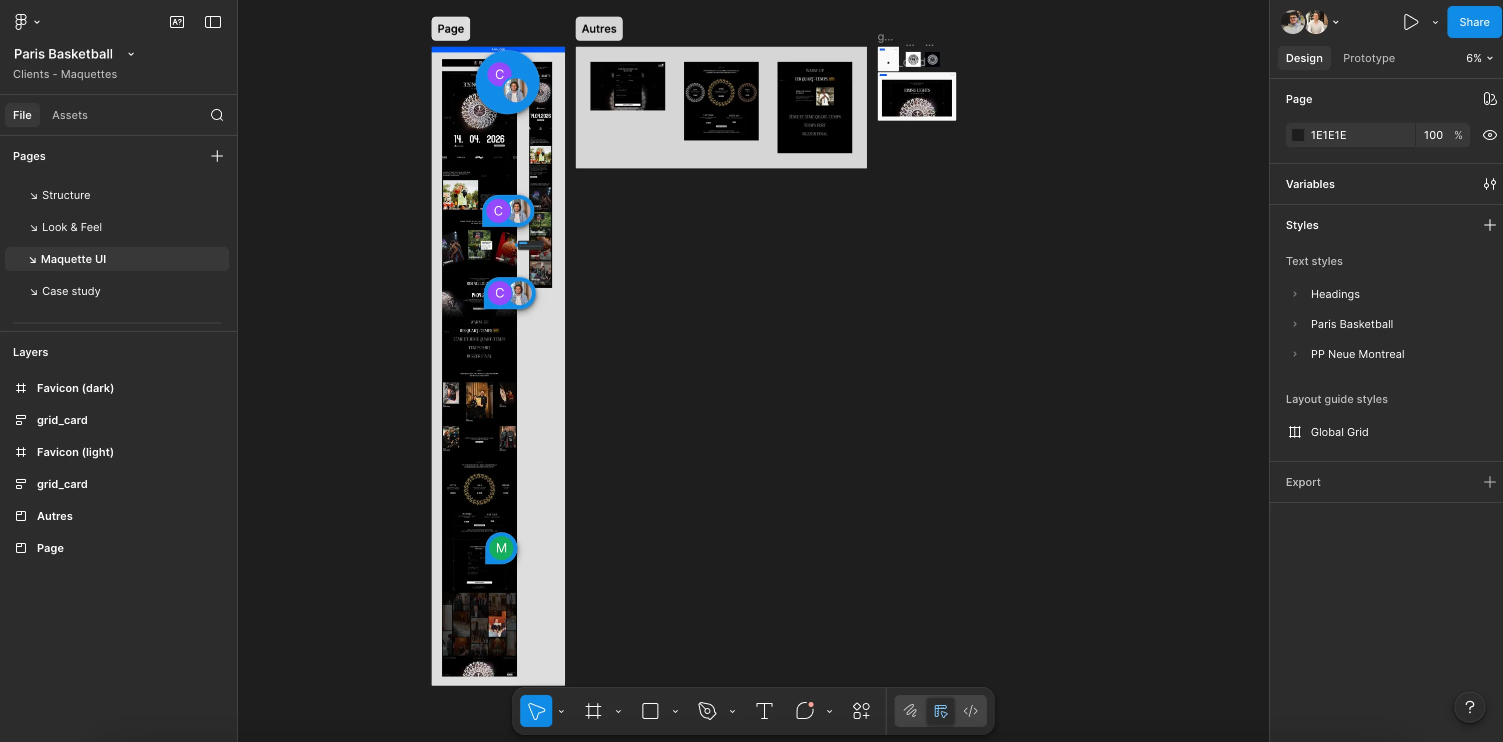 Figma design mockup of the Rising Lights Paris Basketball Foundation gala landing page.