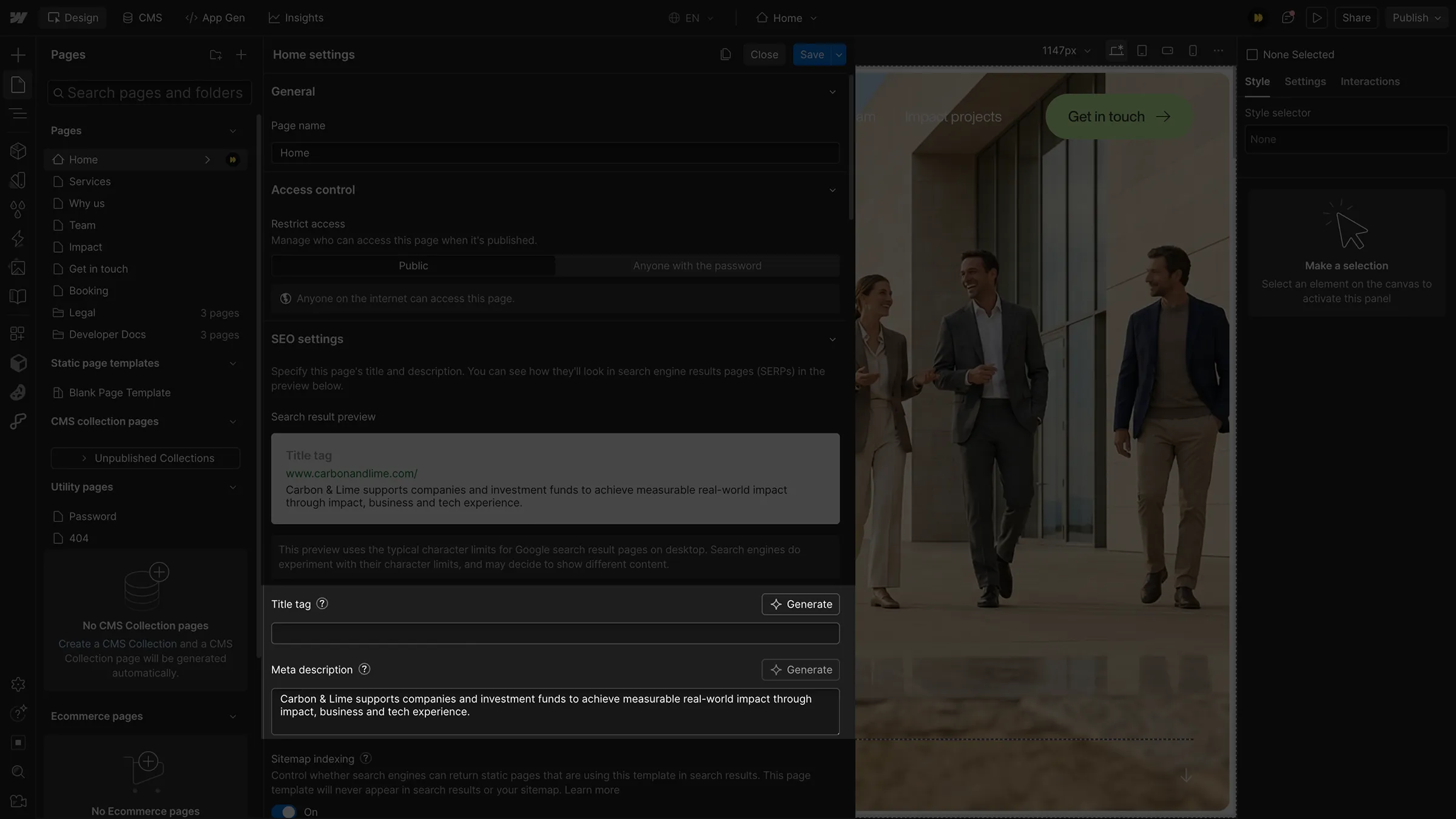 Interface Webflow proposant la génération automatique de title tag et meta description SEO avec l’IA.