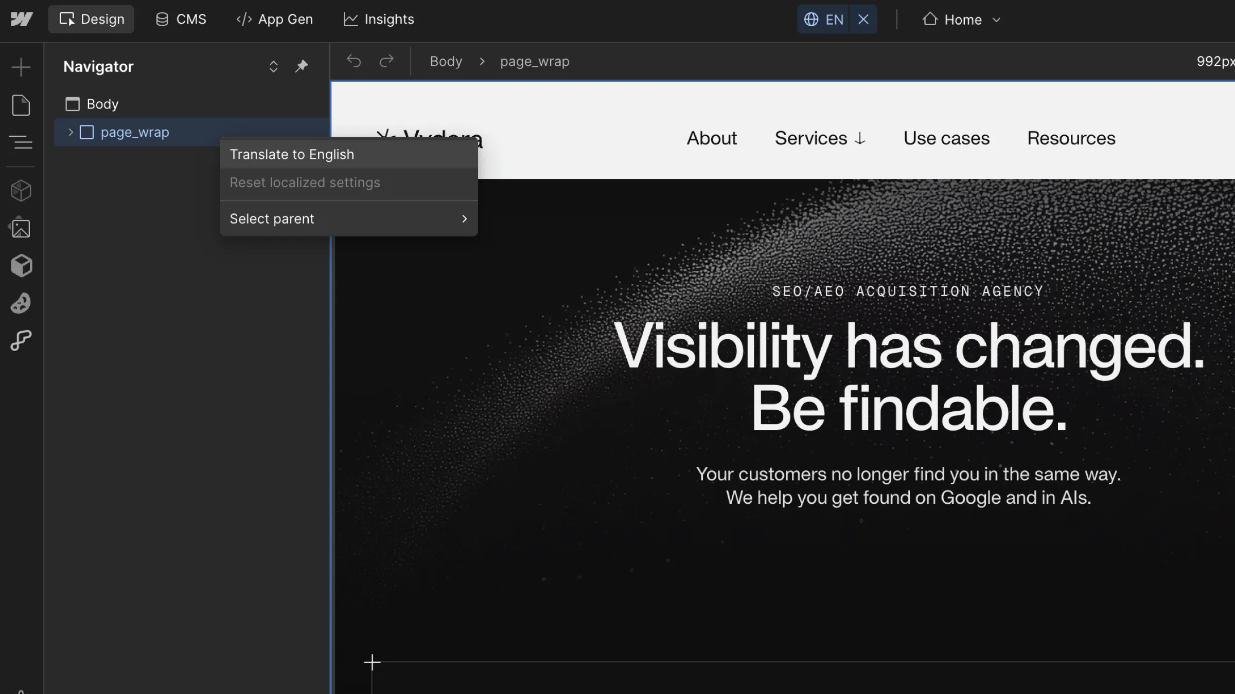 Menu de localisation Webflow avec option de traduction automatique en anglais.