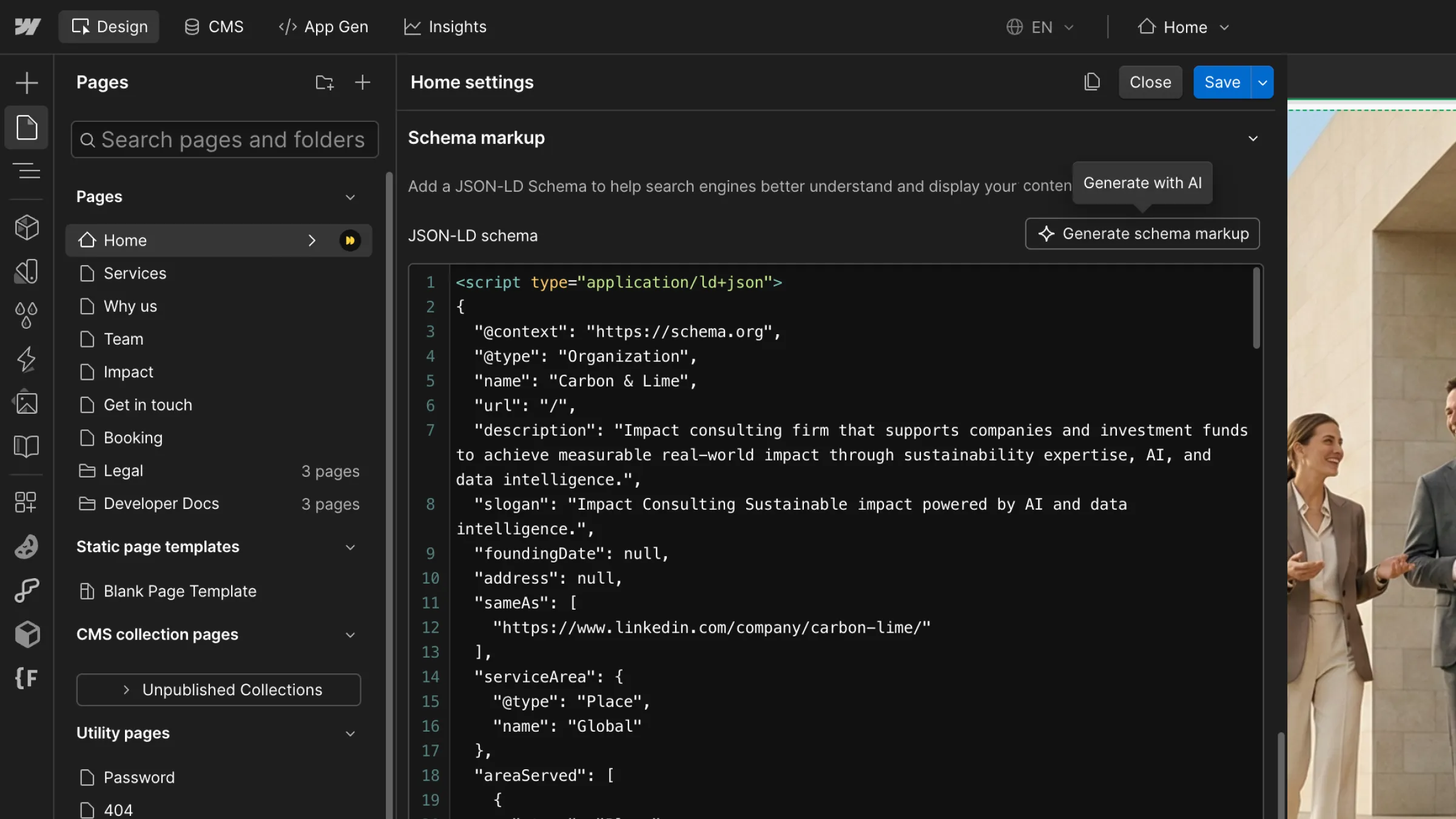 Interface Webflow générant automatiquement des données structurées JSON-LD avec l’IA.