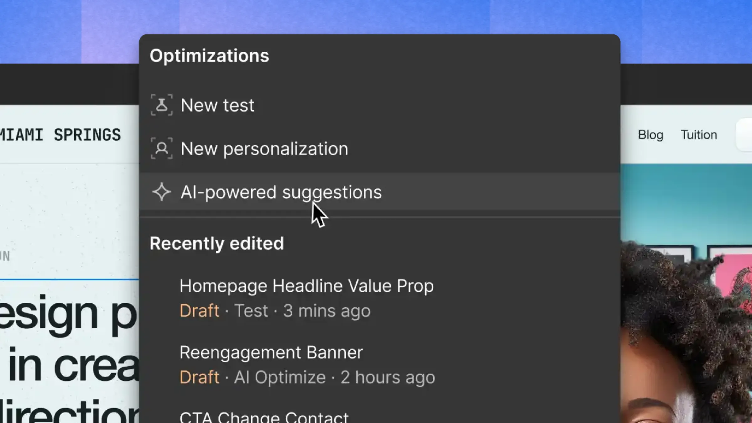 Interface Webflow Optimize proposant des suggestions d’optimisation et tests A/B basés sur l’IA.
