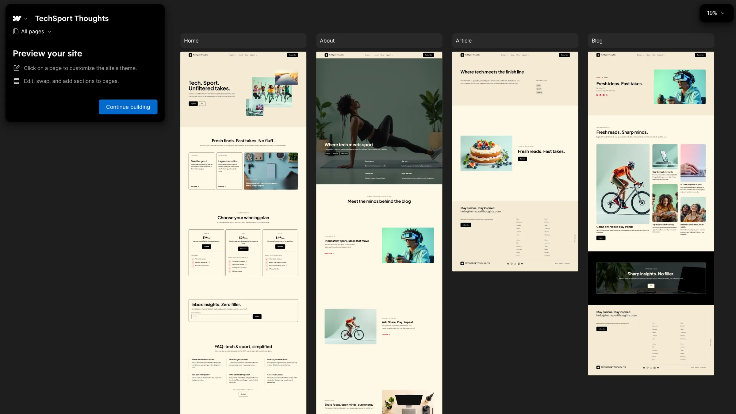 Webflow AI Site Builder interface generating website layouts and templates with AI.