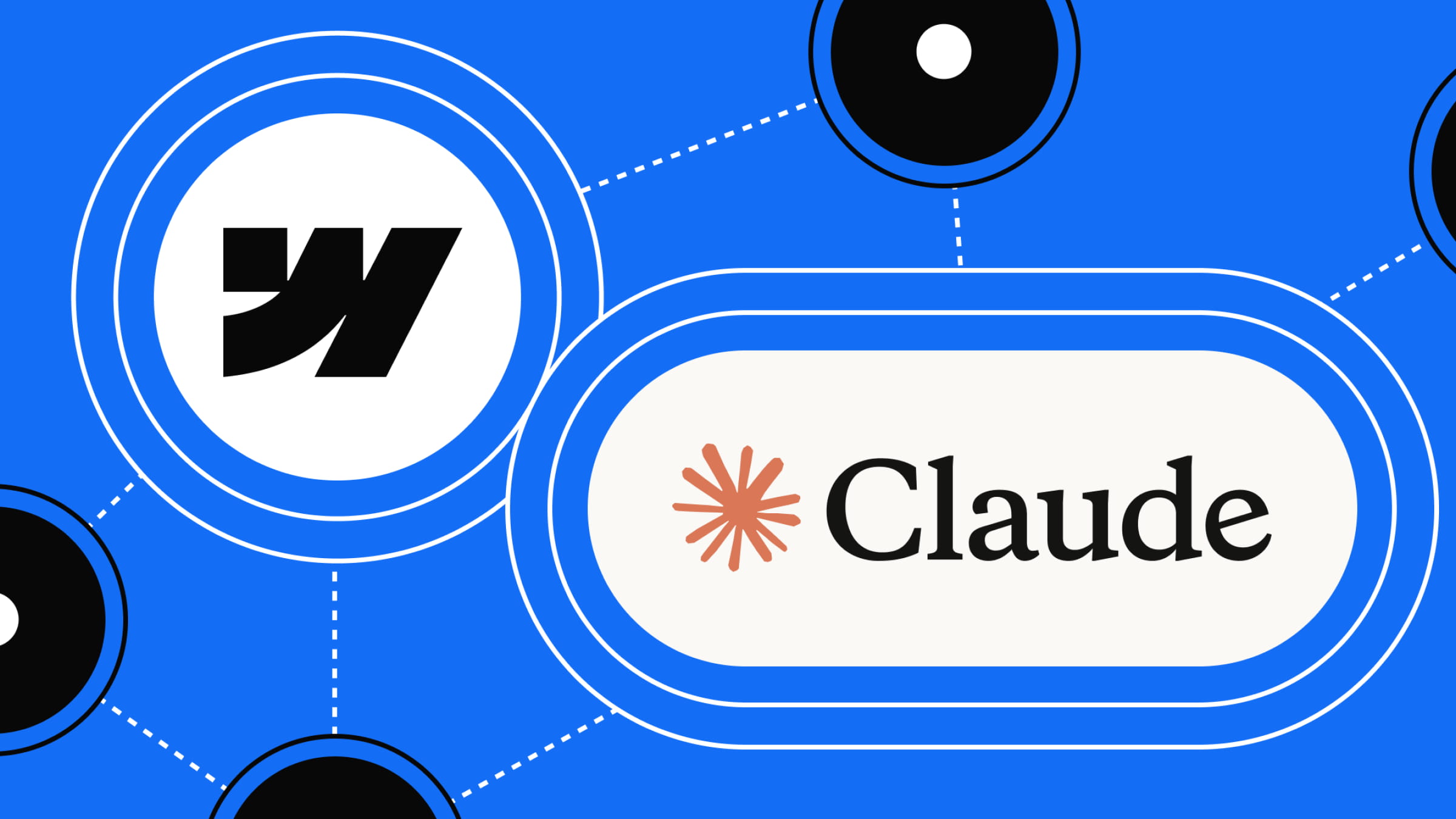 Illustration de la connexion entre Webflow et Claude avec des éléments graphiques et un réseau de données