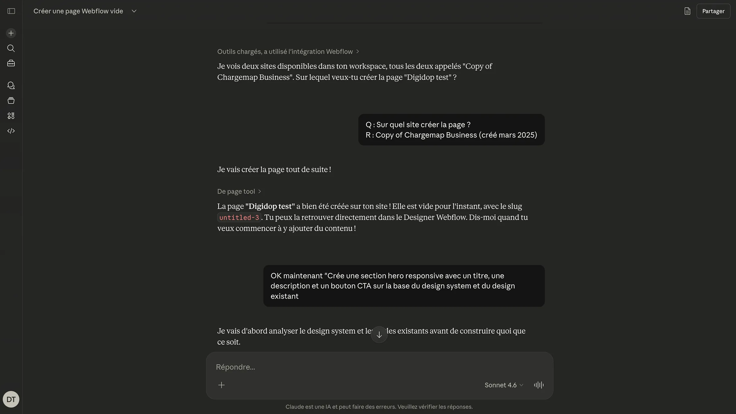 Conversation Claude créant une page Webflow via MCP avec sélection du site et génération automatique
