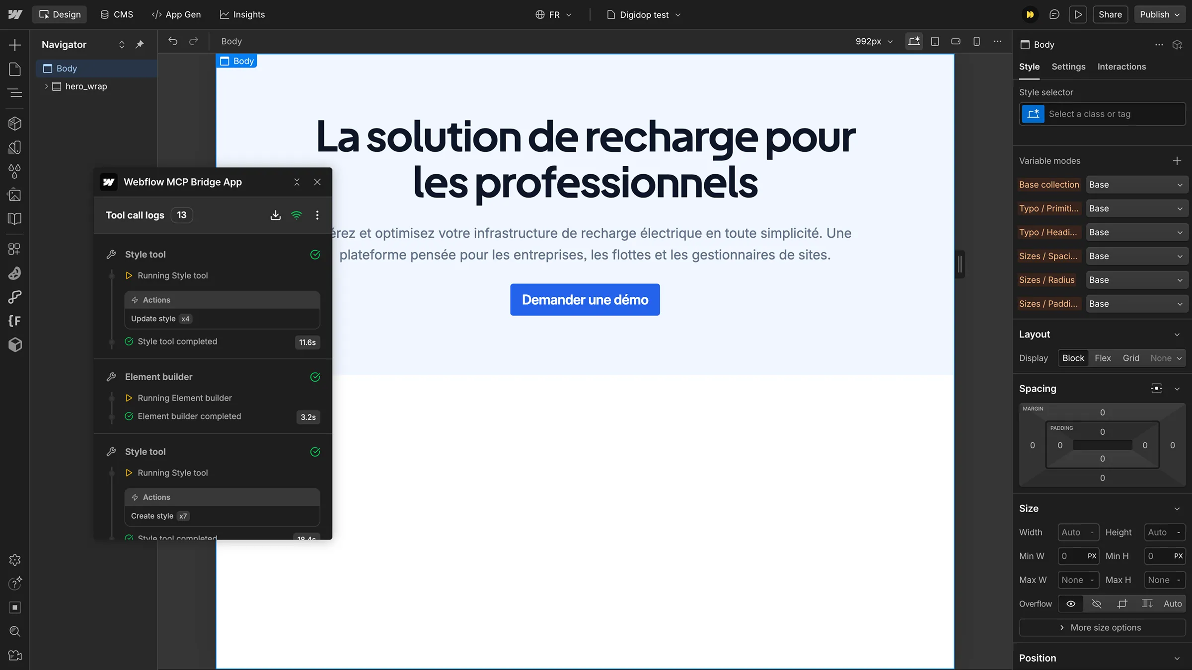 Webflow Designer showing AI-generated hero section via MCP Bridge with design interface visible