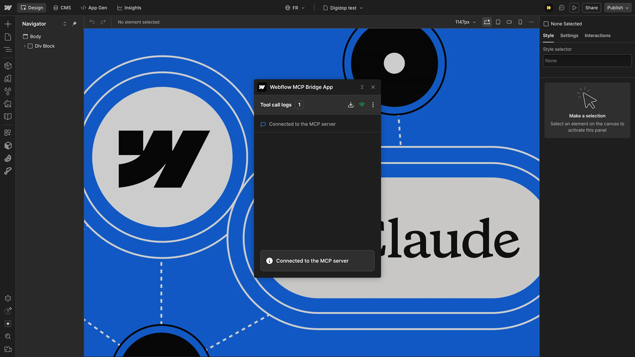 Fenêtre Webflow MCP Bridge App connectée au serveur MCP dans le Designer Webflow
