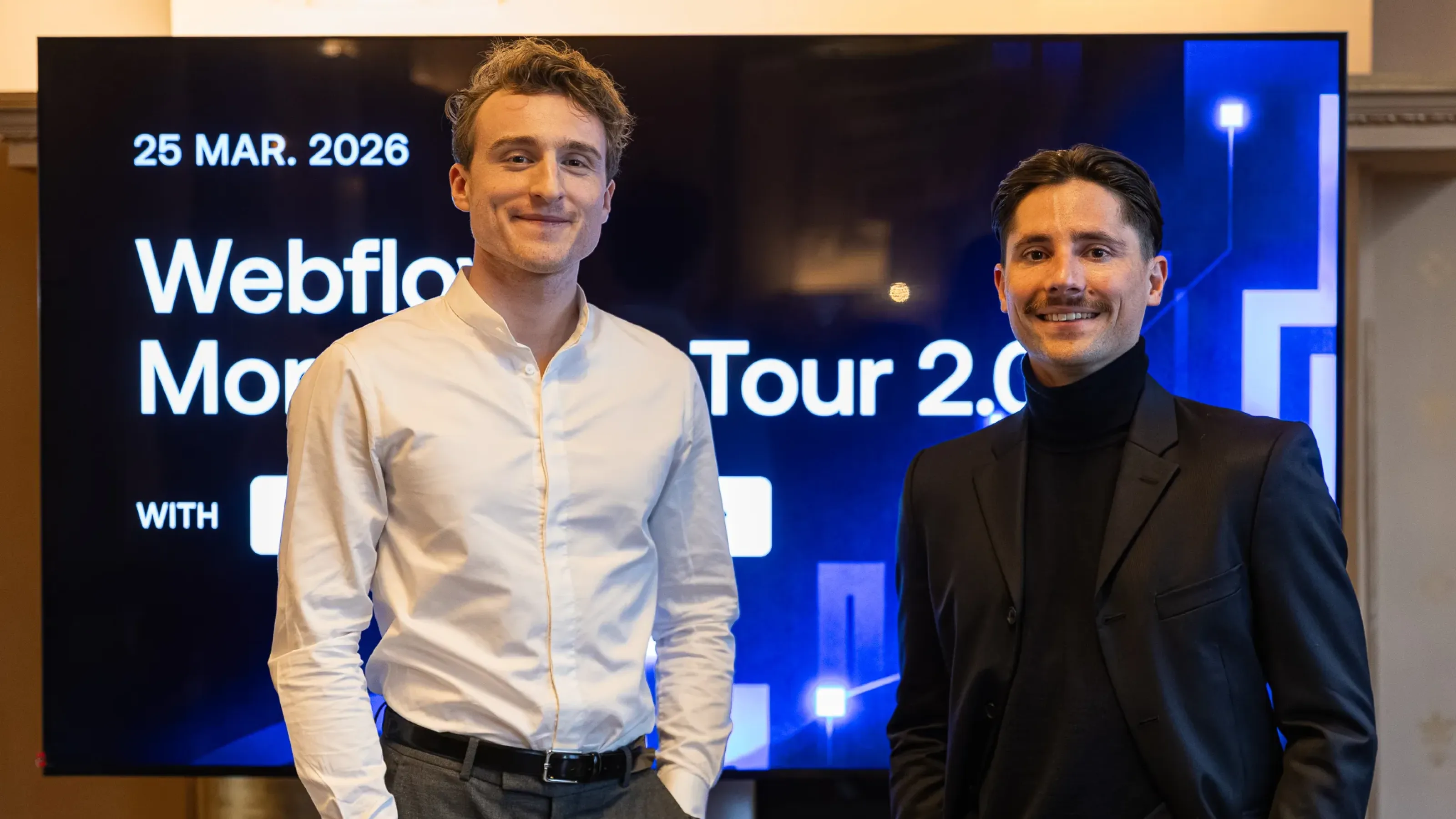 Florian Bodelot and Thomas Labonne at the Webflow Momentum Tour 2.0 in Paris on March 25, 2026.