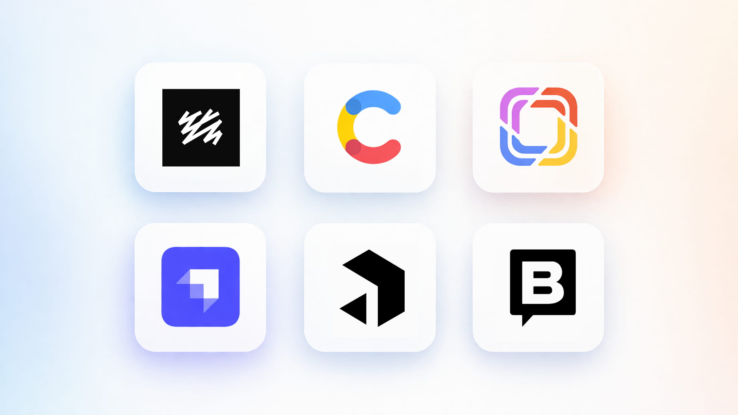 Minimal grid of six headless CMS logos (Sanity, Contentful, Storyblok, Prismic, Strapi, ButterCMS) displayed on rounded cards with soft shadows over a pastel gradient background.