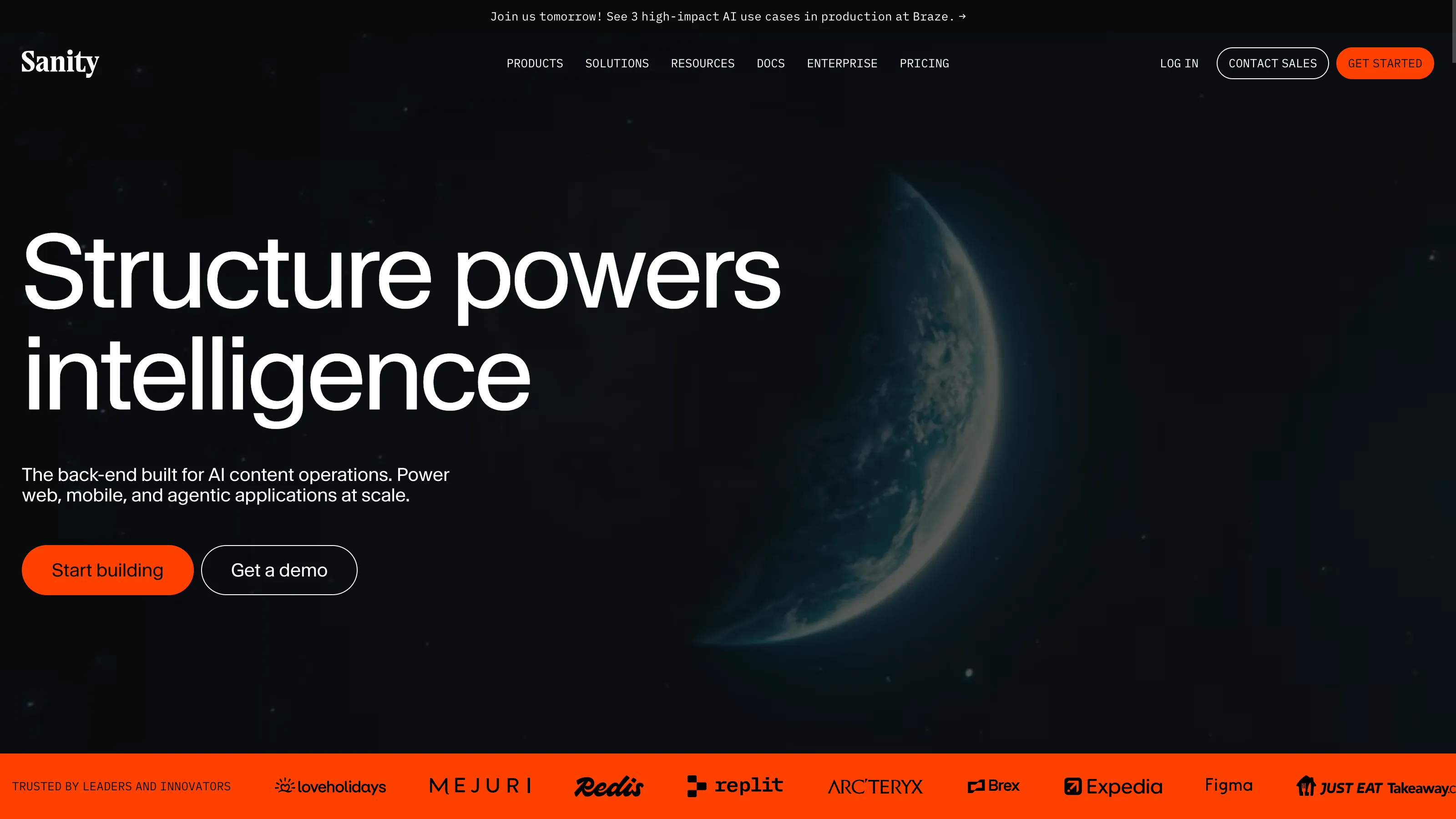 Sanity homepage presenting a headless CMS focused on structured content and AI-driven operations with a dark visual style.