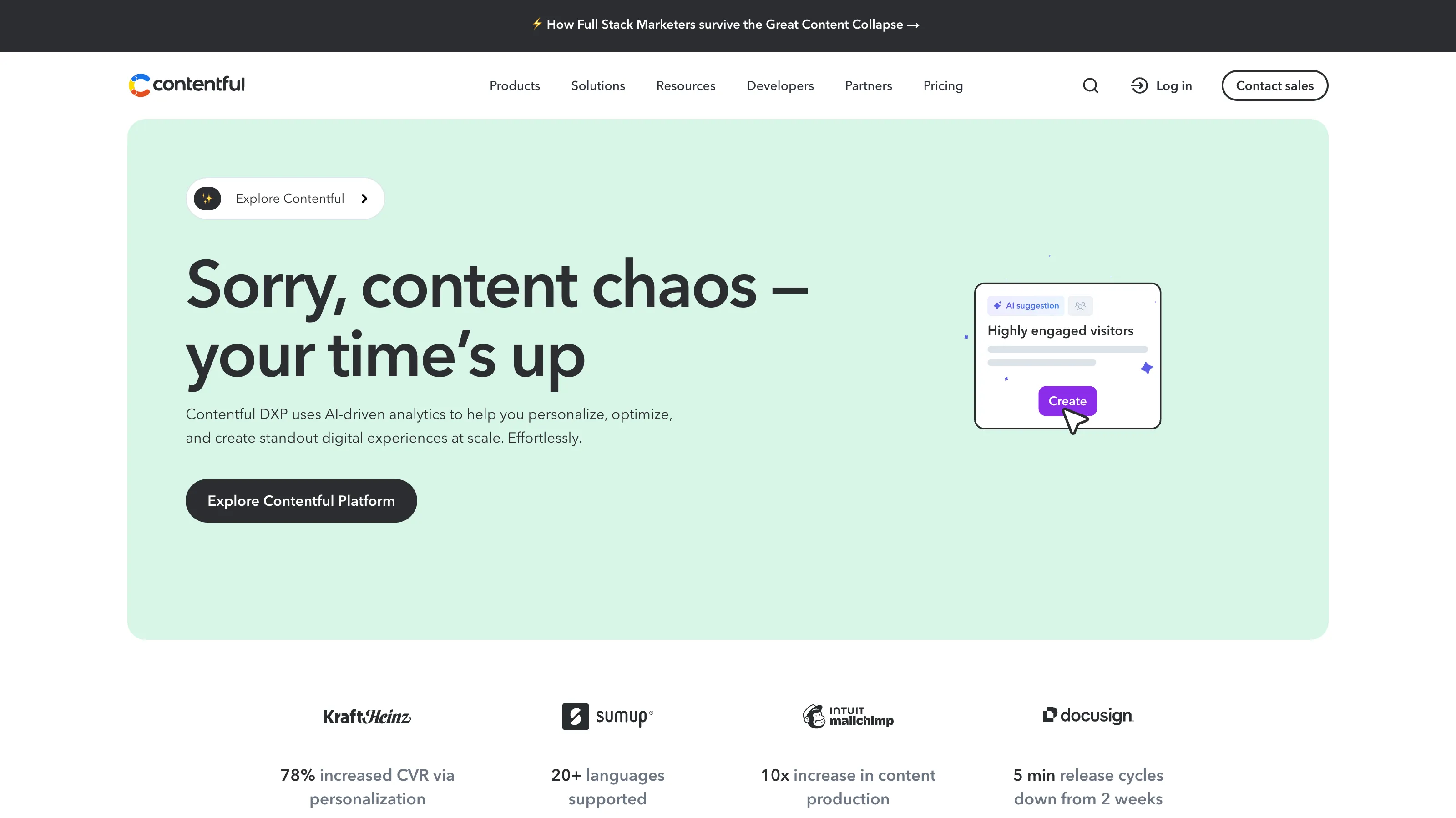 Contentful homepage showcasing a content platform with personalization, analytics, and omnichannel content management.