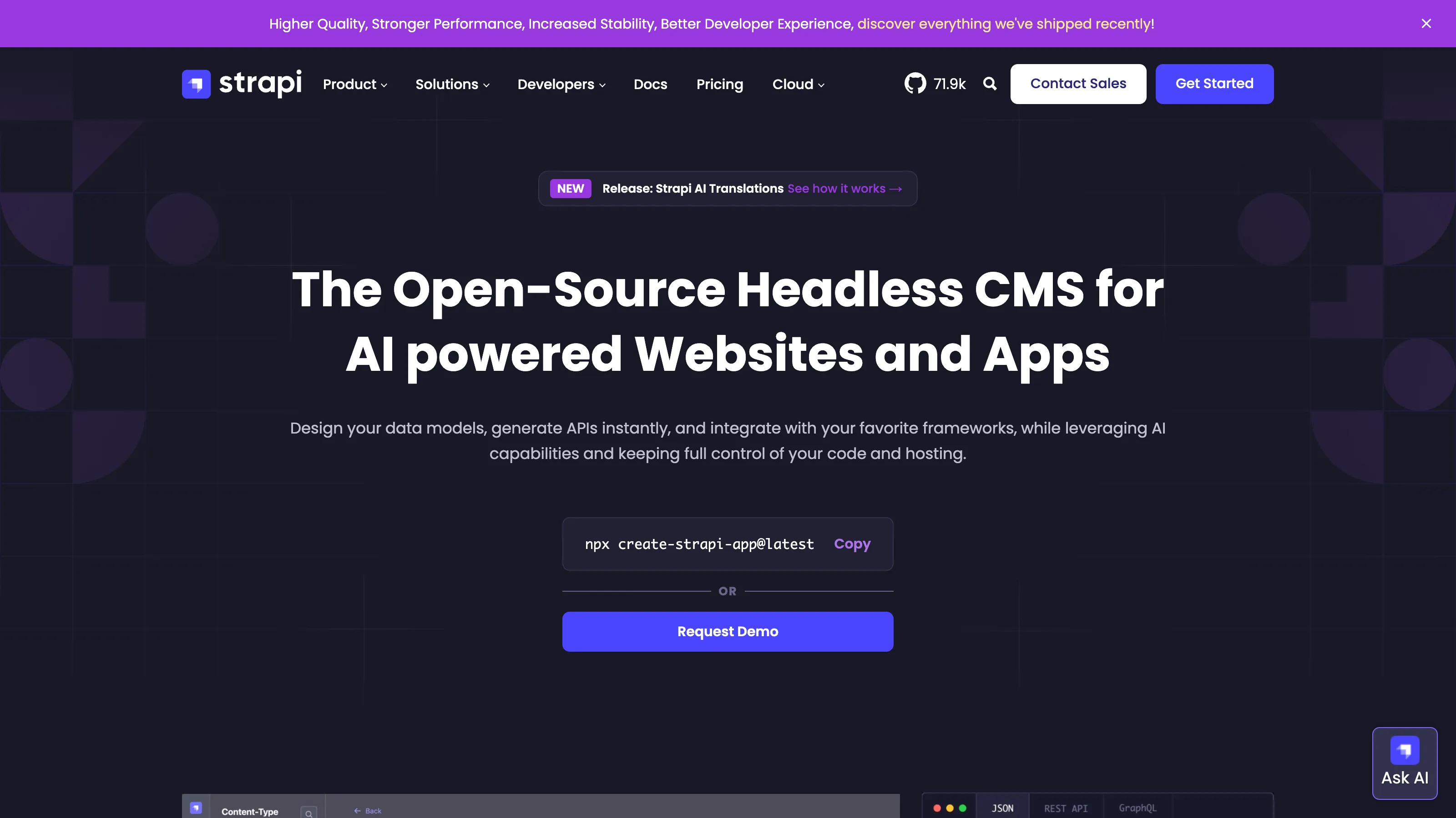 Strapi homepage presenting an open-source headless CMS with API generation and integration for modern web applications.