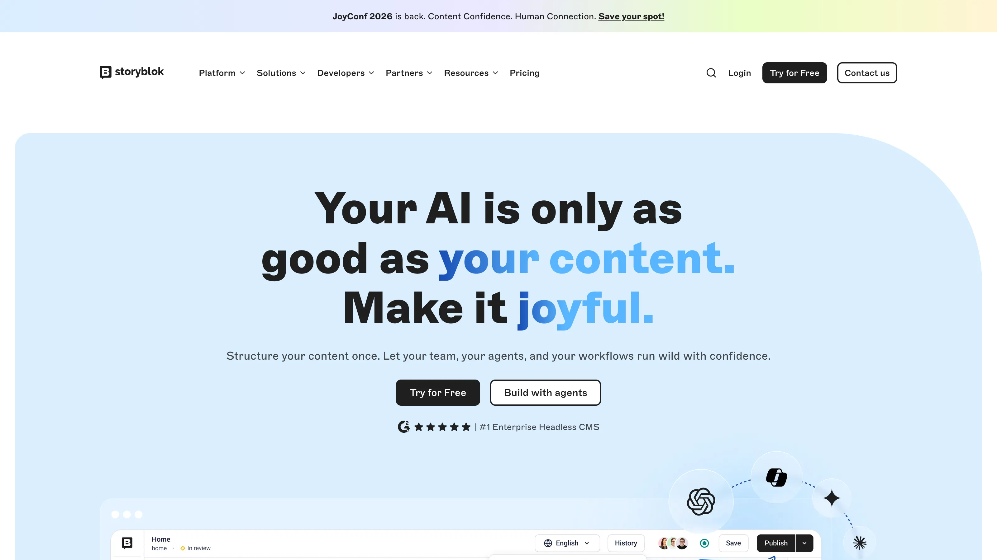 Storyblok homepage highlighting a headless CMS with a visual editor and messaging around content quality for AI.