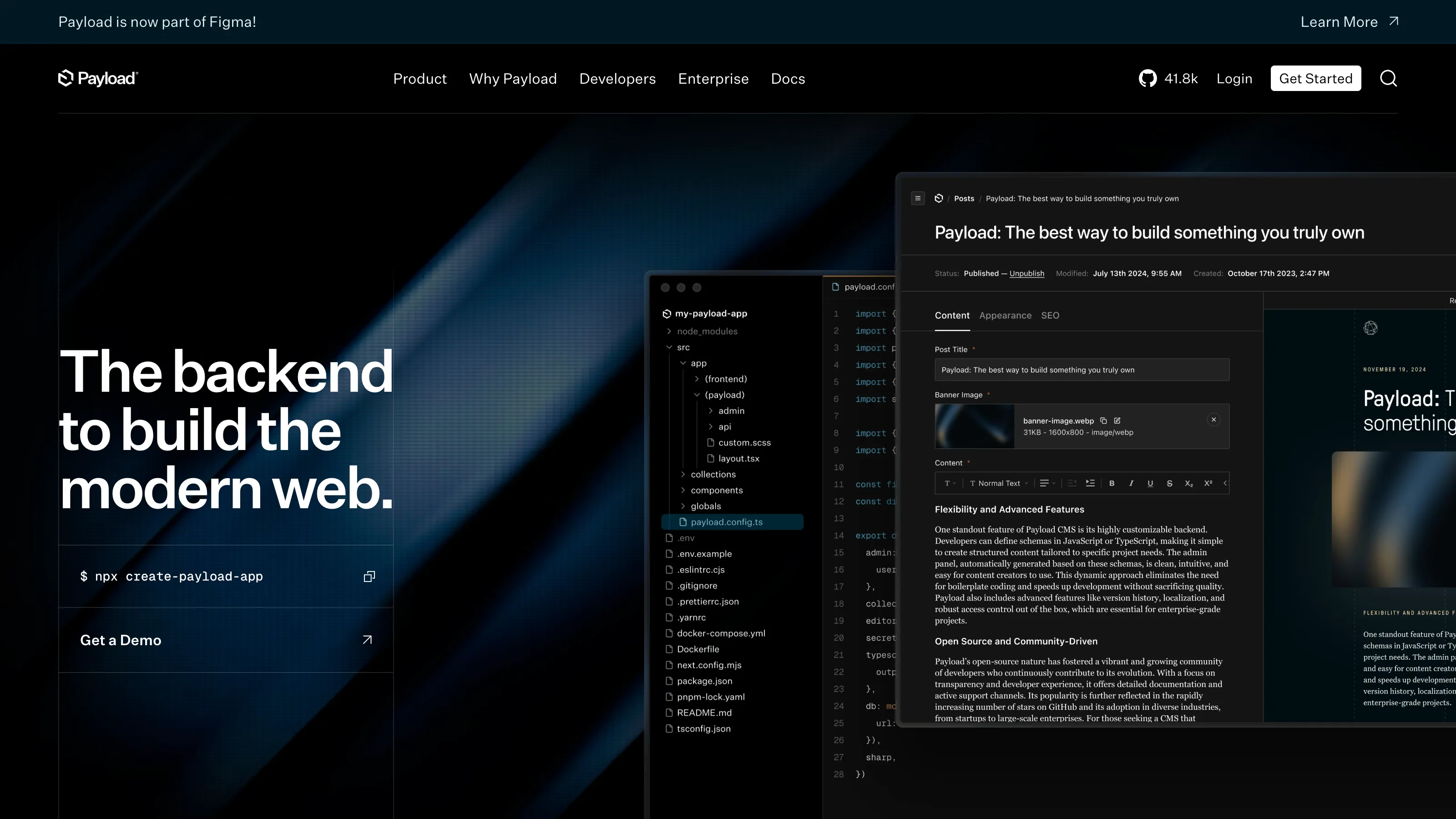 Payload CMS interface showing a content editor, Node.js project structure, and a modern developer-focused backend on a dark background.