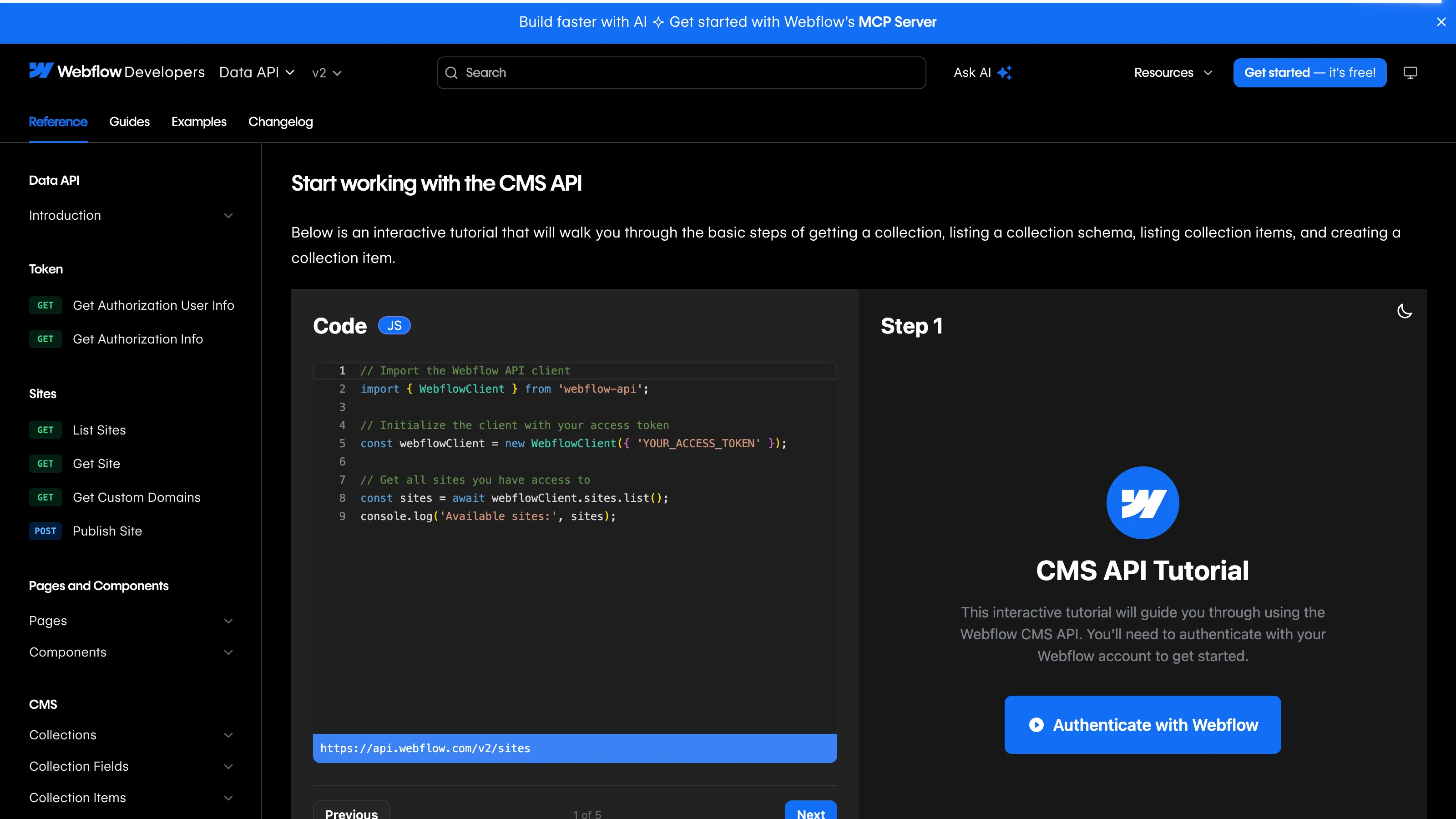 Webflow CMS API documentation showing JavaScript code examples and a developer interface to manage collections and data.