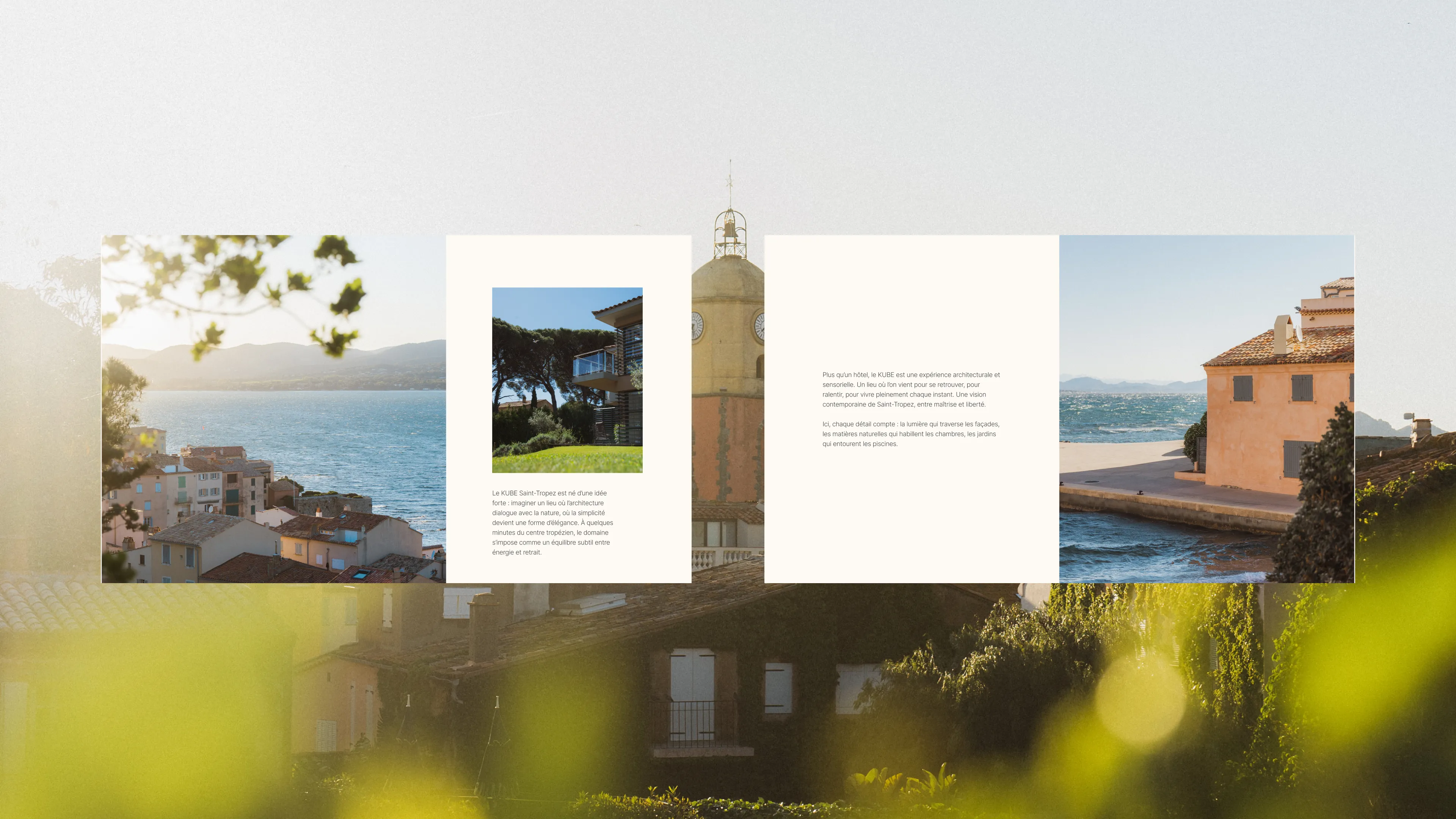 Section éditoriale du site Web de l'hôtel mettant en valeur l'emplacement et l'expérience immersive