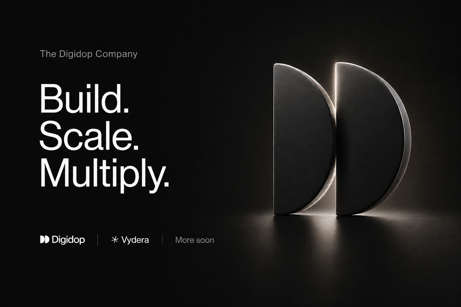 Minimal dark landing page displaying “The Digidop Company” with the tagline “Build. Scale. Multiply.” and the Digidop and Vydera logos at the bottom.