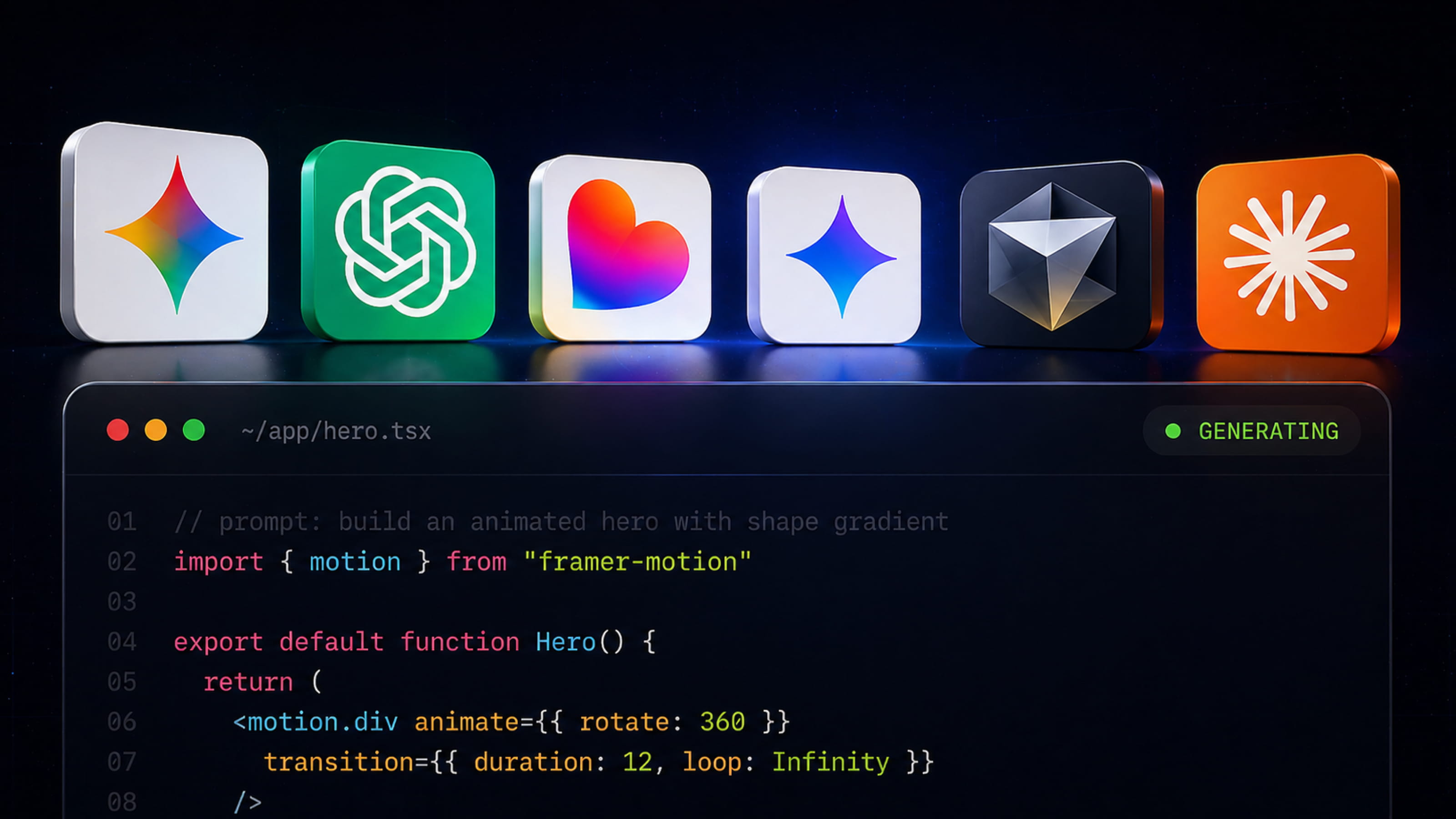 Interface de génération de code AI avec des icônes d'outils et un exemple d'extrait de code animé