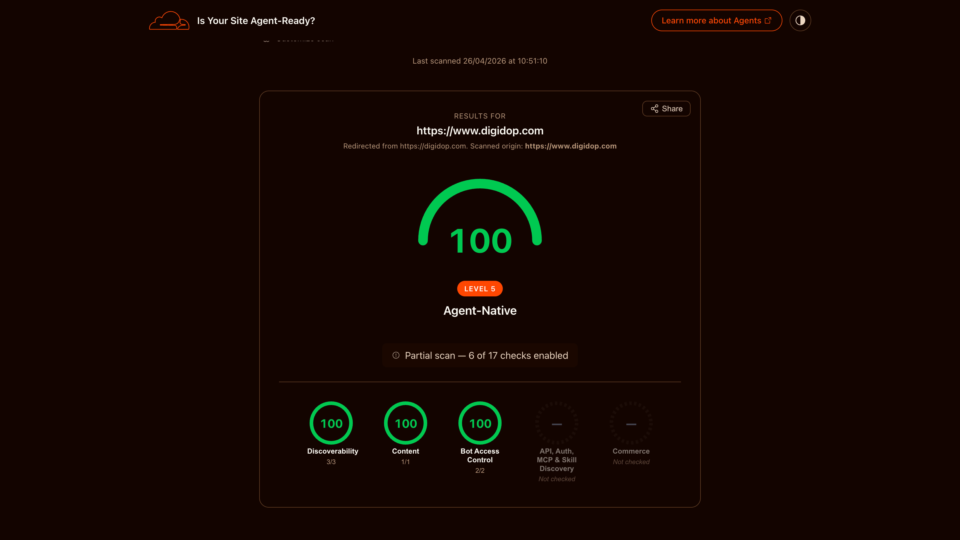 Agent Readiness score result for Digidop showing a score of 100 and agent-native level