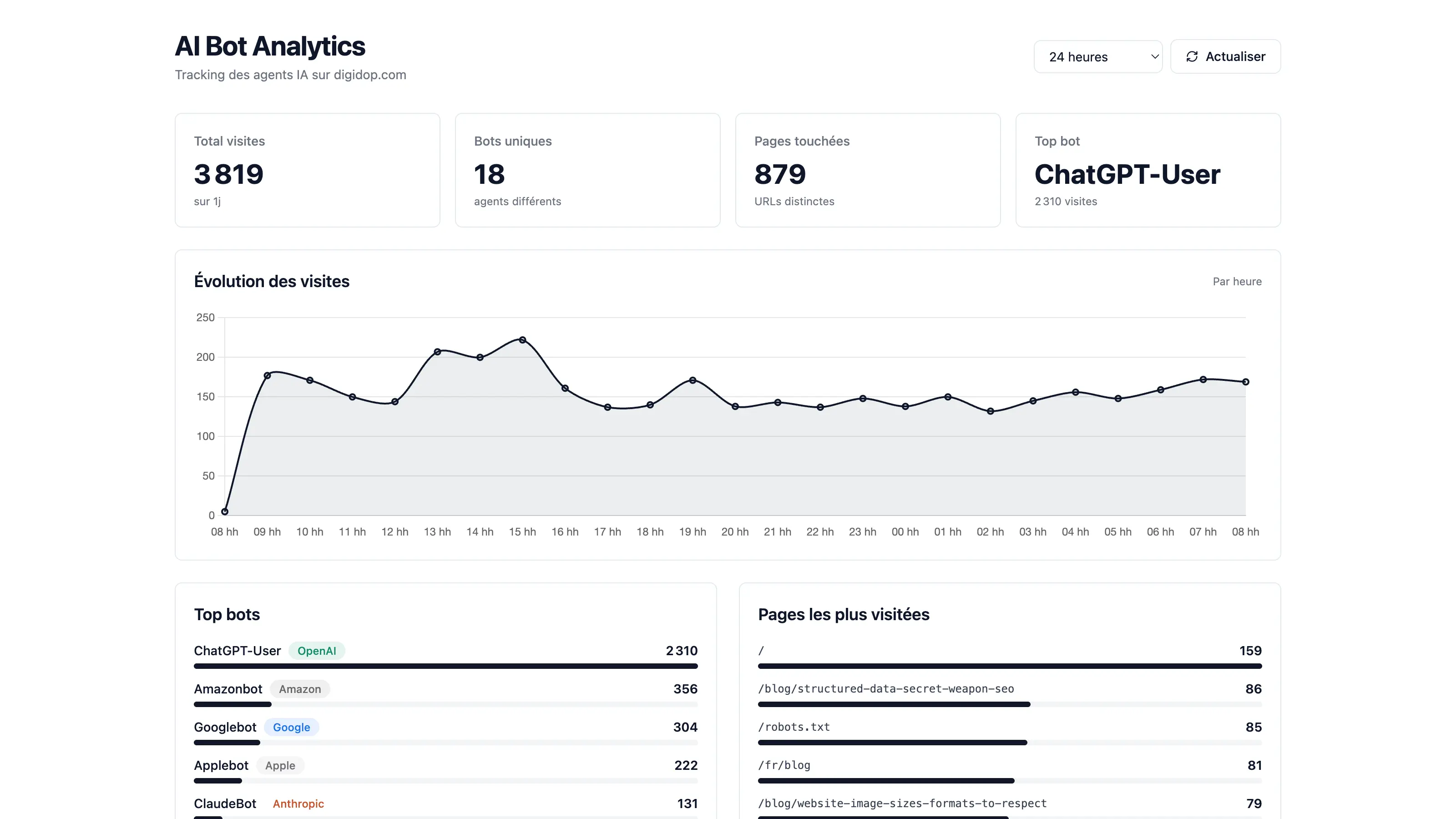 AI bot analytics dashboard showing bot traffic, visited pages, and main sources