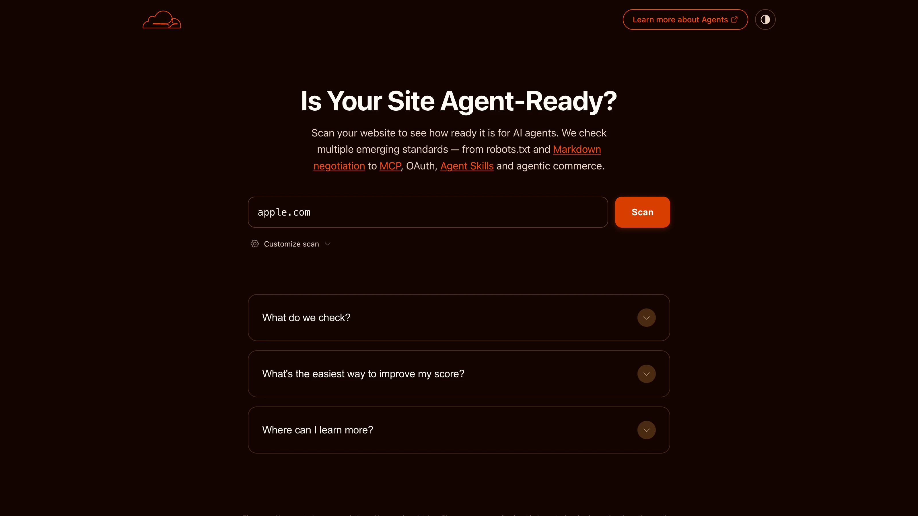 Agent Readiness scan interface with URL input to analyze website compatibility with AI agents