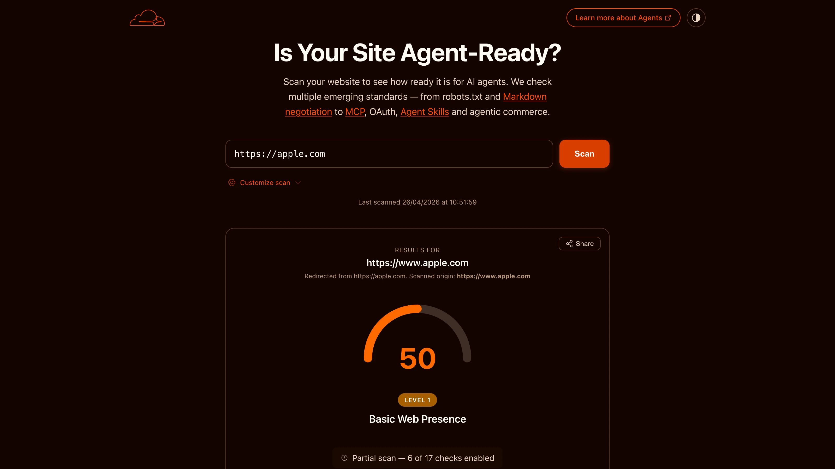 Agent Readiness score result for Apple website showing a score of 50 and basic web presence level