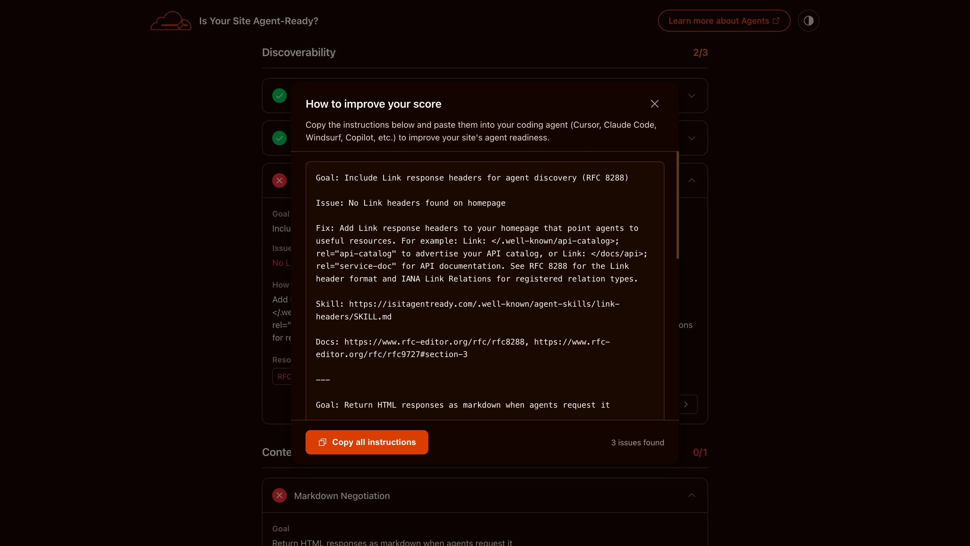 Modal showing technical instructions to improve Agent Readiness score for integration into an AI agent