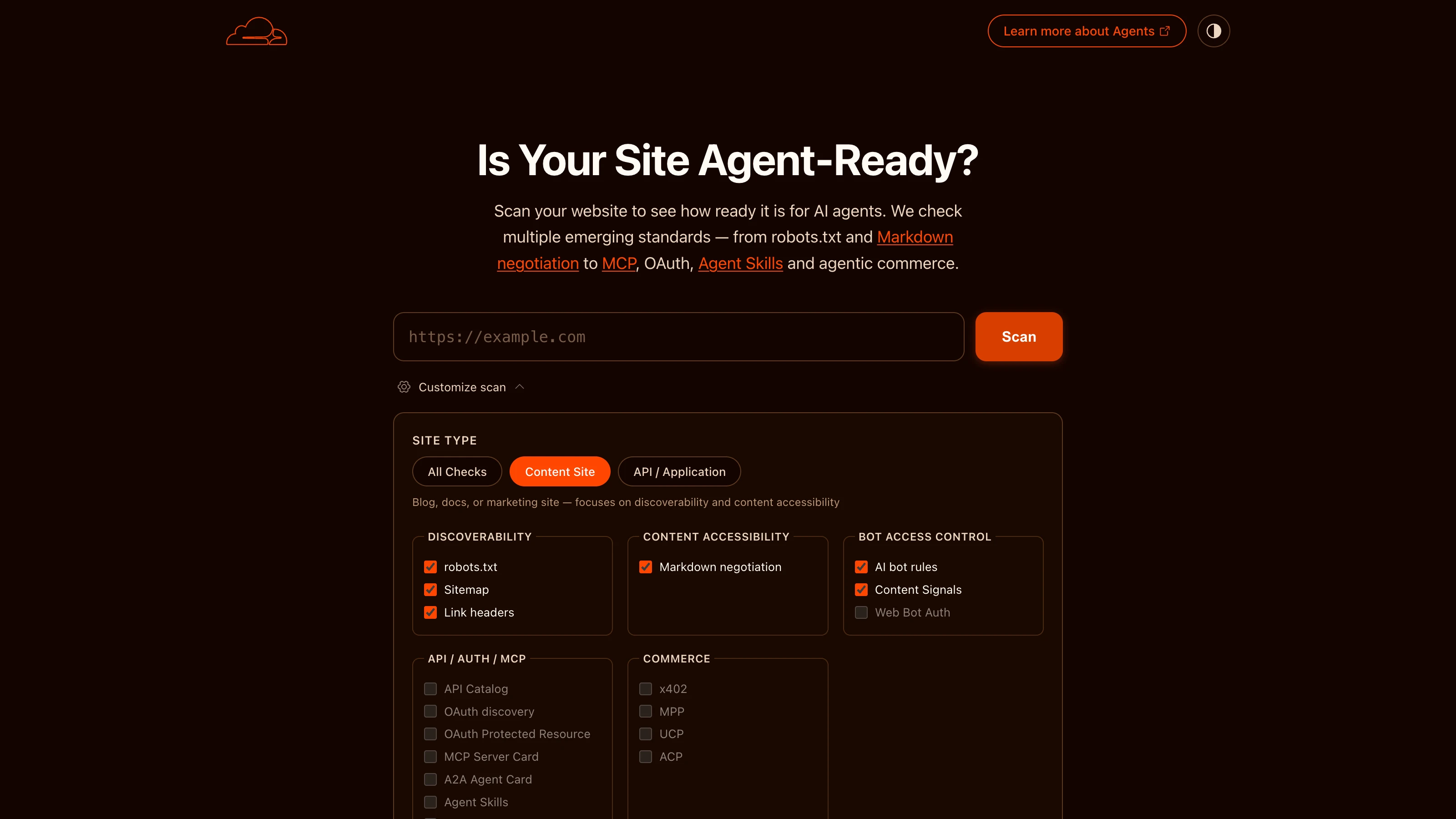 Agent Readiness tool interface used to scan a website and configure an advanced audit for AI agents