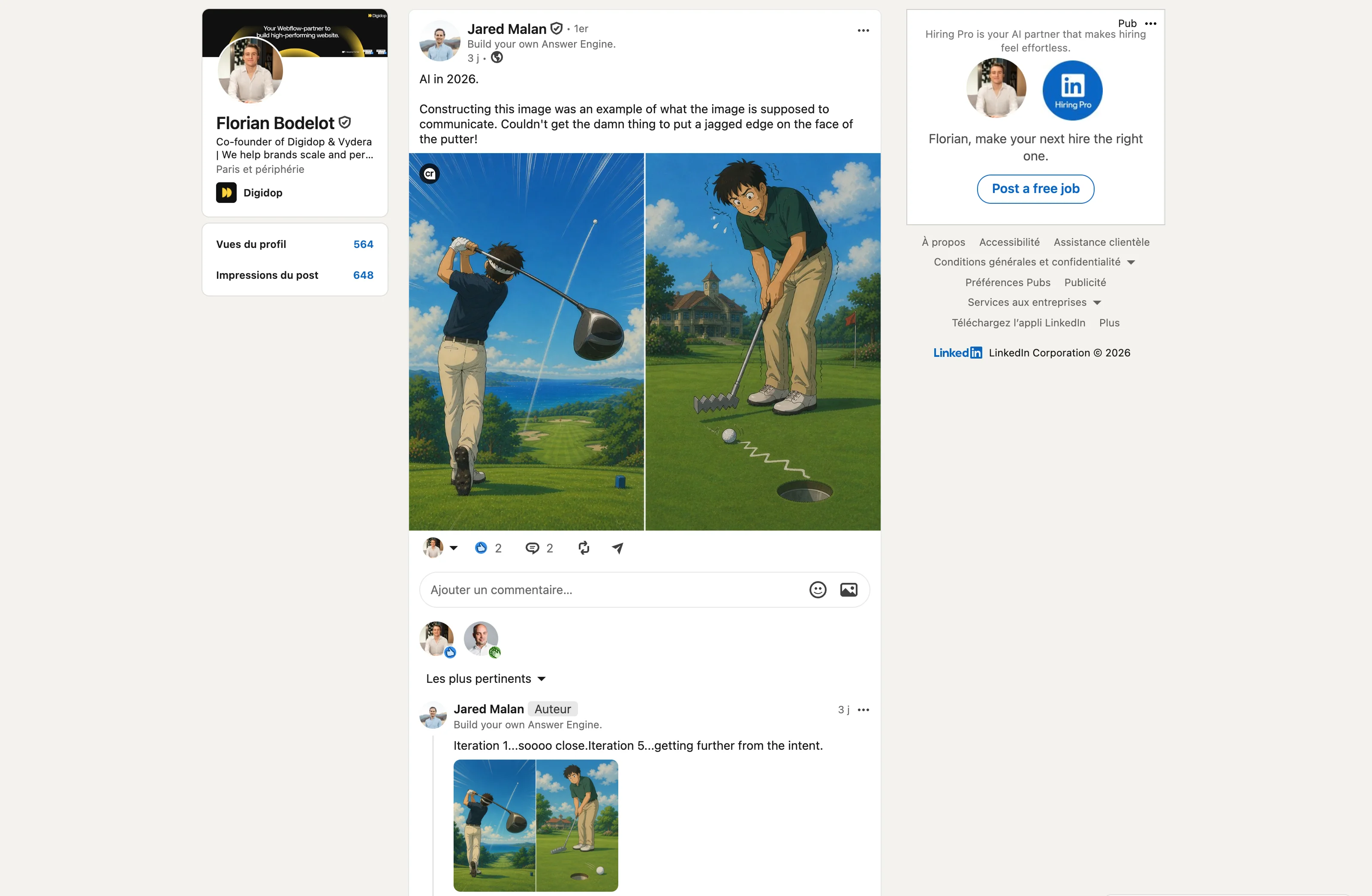 LinkedIn post illustrating AI image generation limitations, with an example of inconsistent rendering in a golf scene.