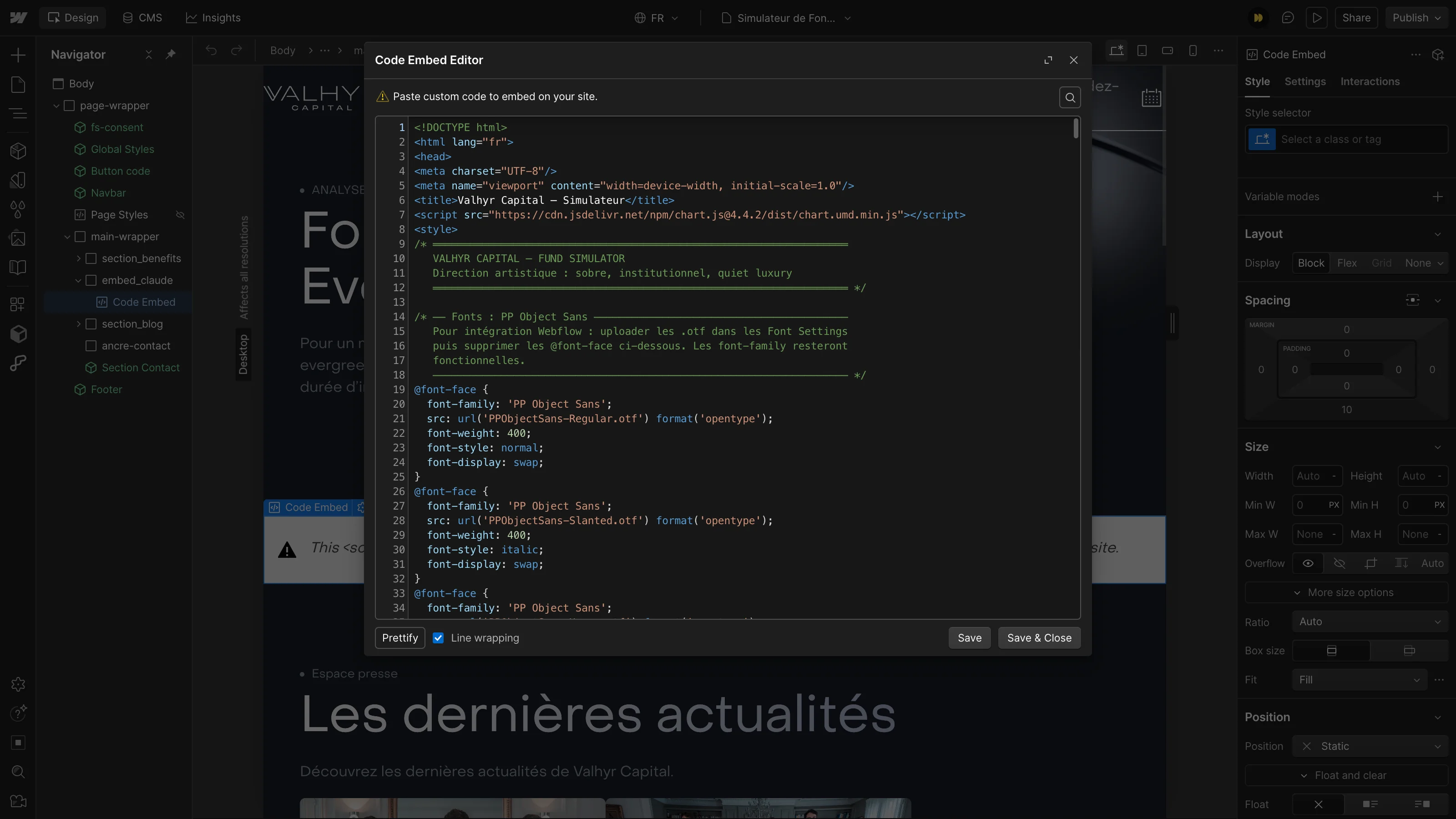 Webflow embedded code editor showing a custom script for a simulator, including styles and frontend configuration.