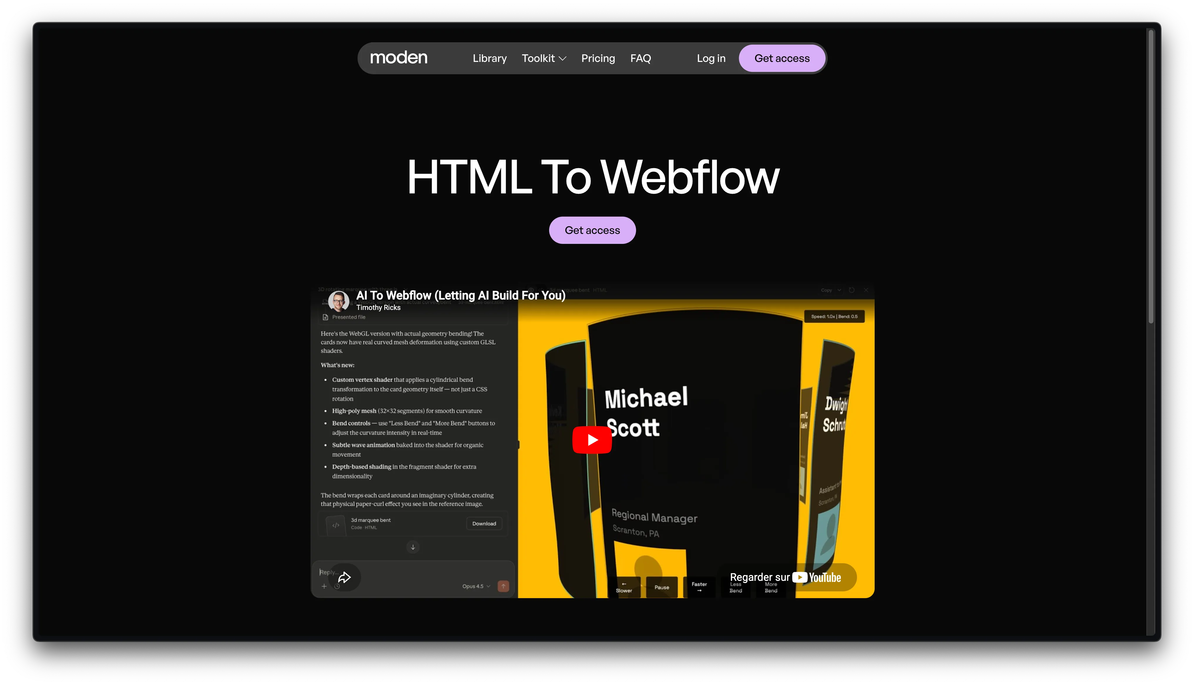 Landing page “HTML To Webflow” de Moden présentant une démo vidéo expliquant comment convertir du HTML généré par IA en éléments Webflow.