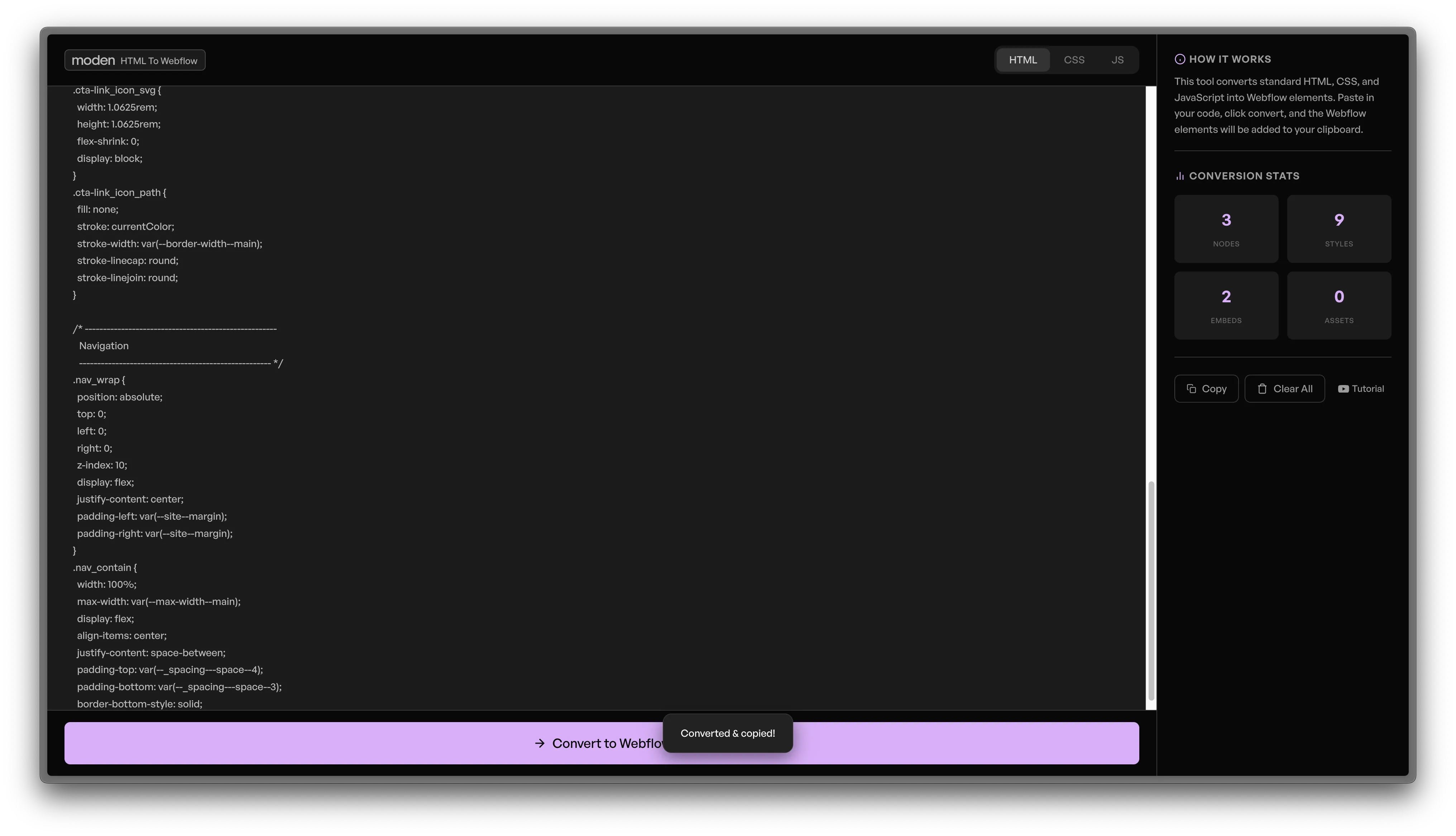 HTML To Webflow tool interface showing HTML/CSS code automatically converted into Webflow elements, alongside conversion statistics and option panels.