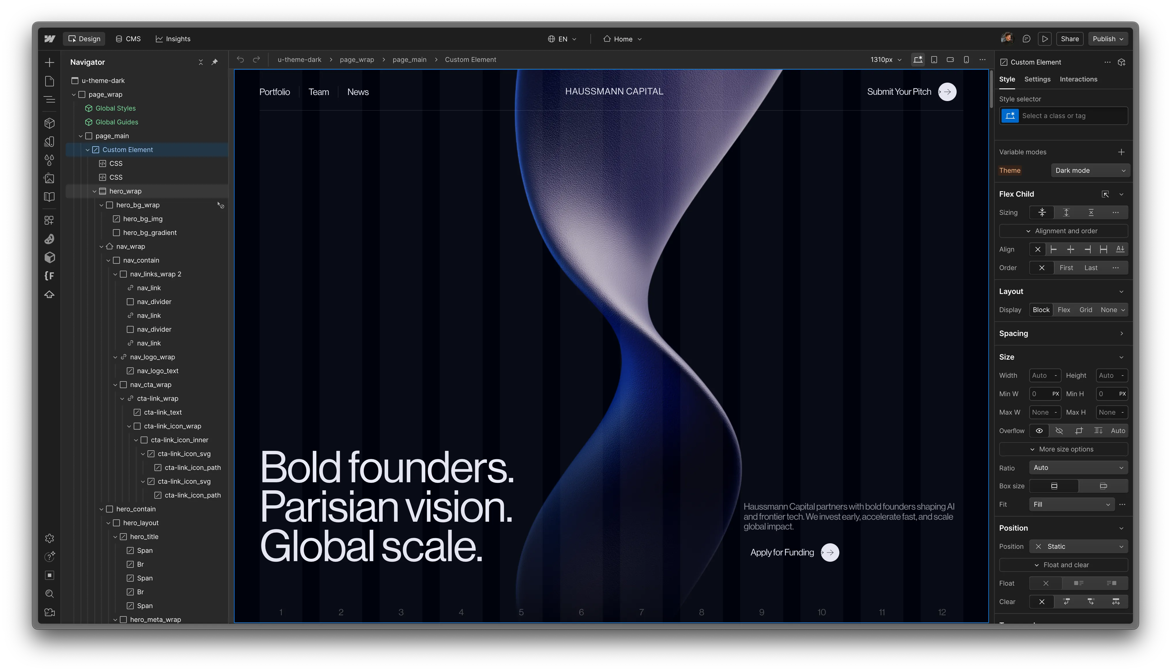 Webflow interface displaying a premium landing page for an investment fund, featuring a dark art direction and an abstract 3D visual in the center of the screen.