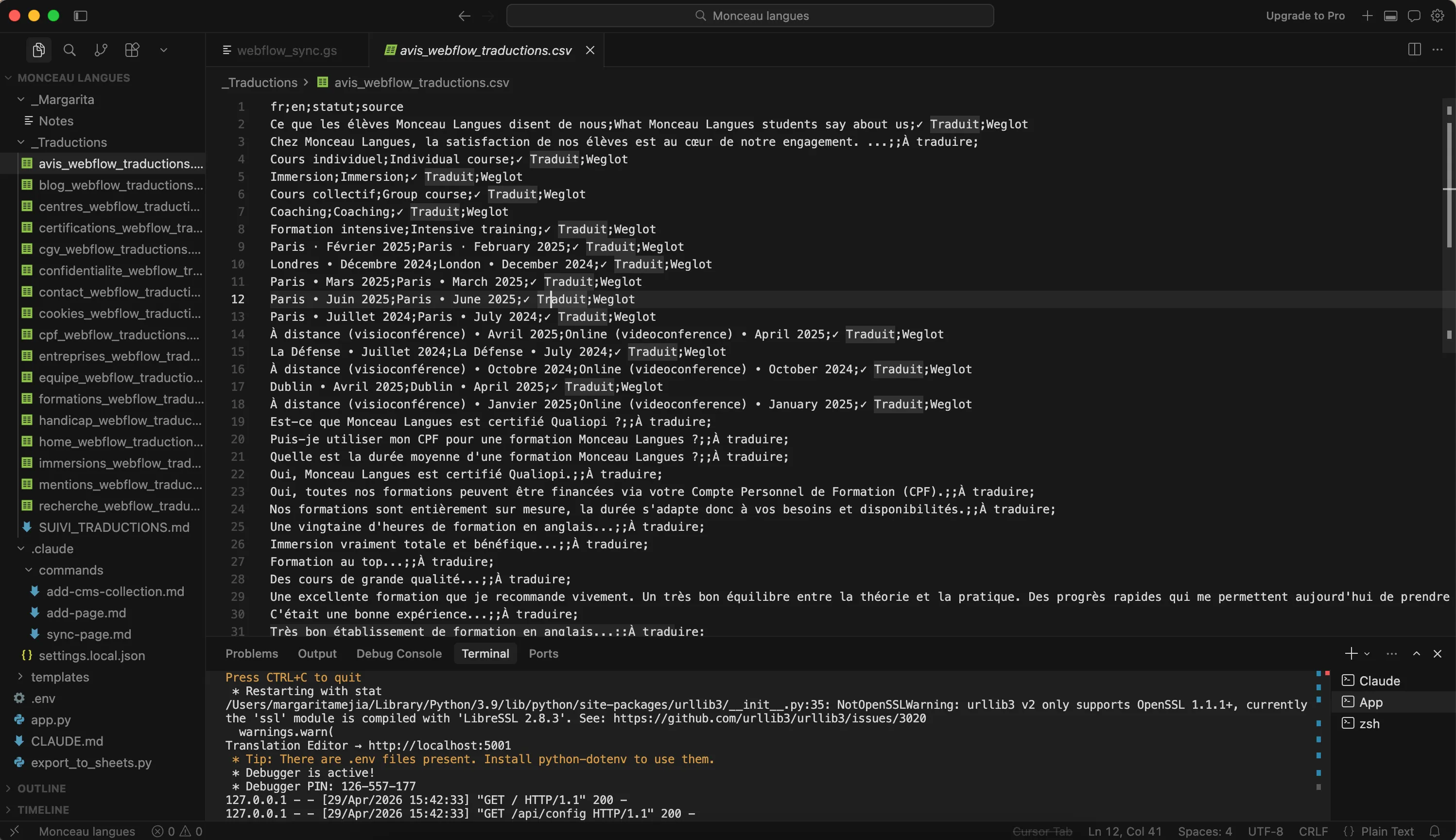 Workflow automatisé de migration des traductions affichant des fichiers CSV structurés et un environnement de développement utilisé avec Claude pour récupérer et restructurer les contenus multilingues issus de Weglot.