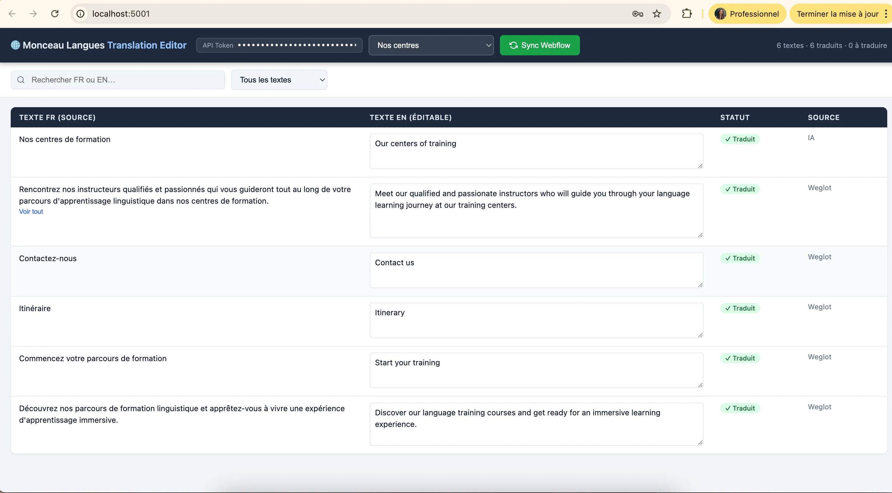 Interface interne de gestion des traductions développée pour Monceau Langues, permettant de synchroniser et éditer facilement les contenus multilingues entre Webflow Localization et les équipes marketing.