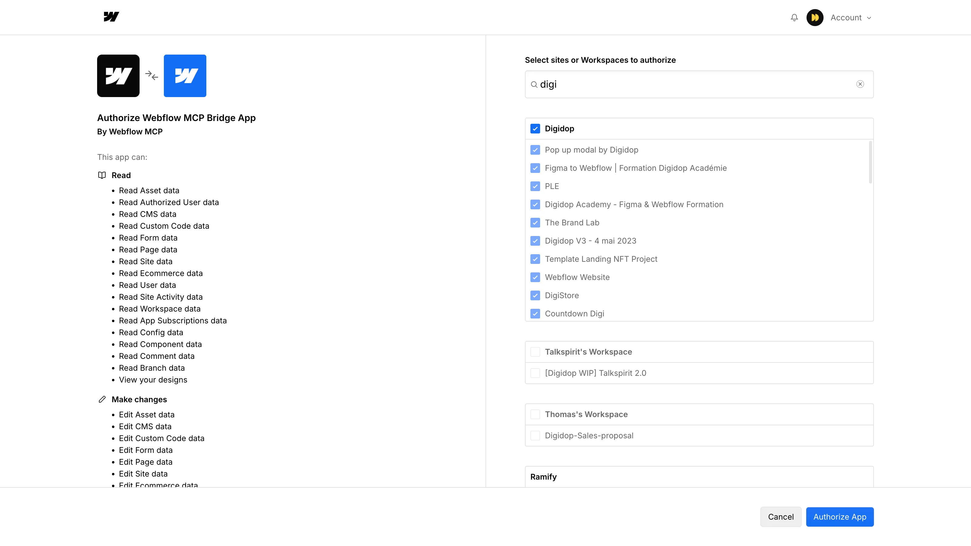 Interface d’autorisation de l’application Webflow MCP Bridge App affichant les permissions d’accès et une liste de workspaces et sites Webflow sélectionnables, dont le workspace Digidop.