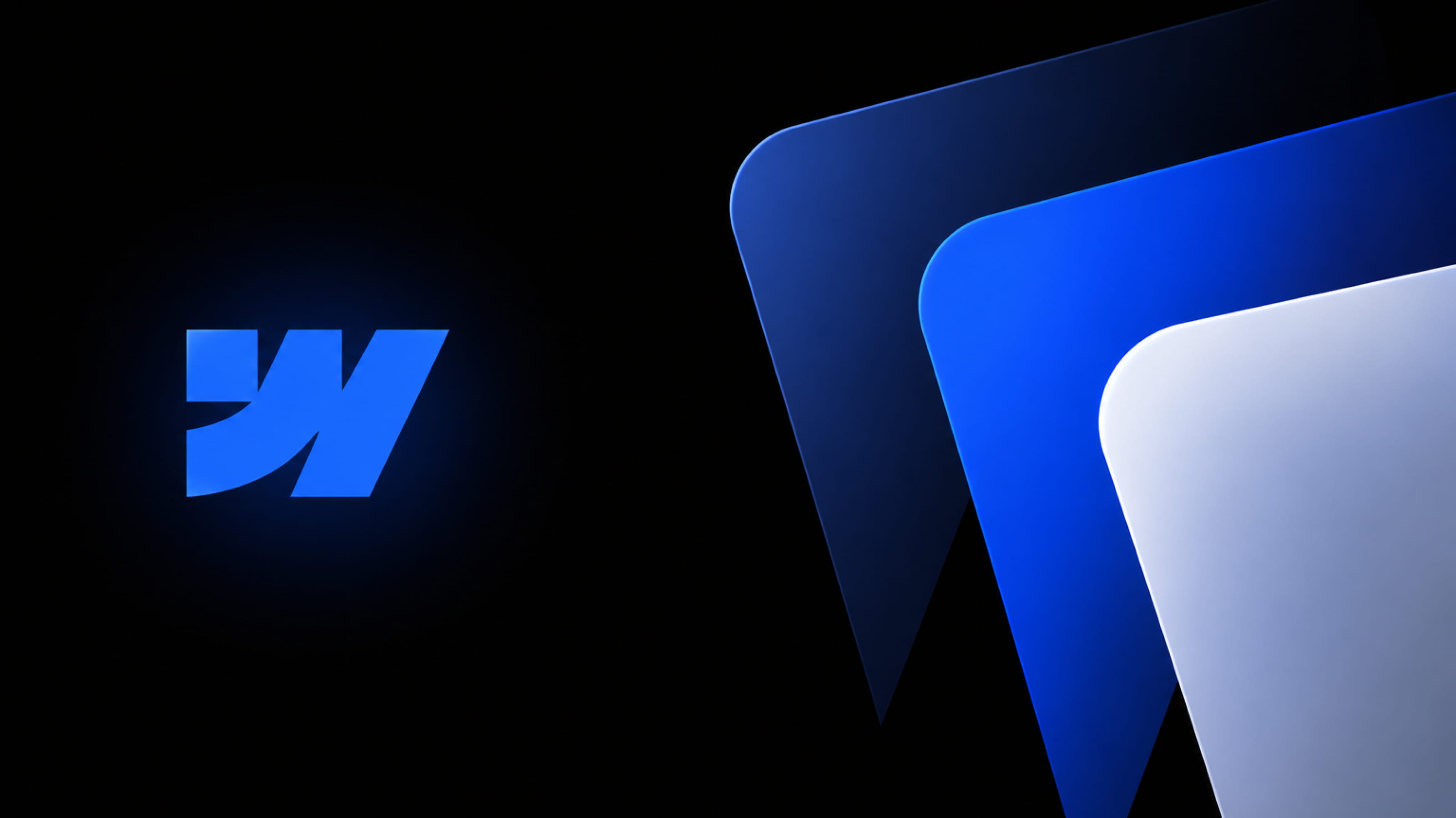 Illustration abstraite minimaliste inspirée de Webflow, avec des formes géométriques bleues et blanches sur fond noir représentant l’évolution du pricing et la stratégie enterprise et IA de Webflow en 2026.