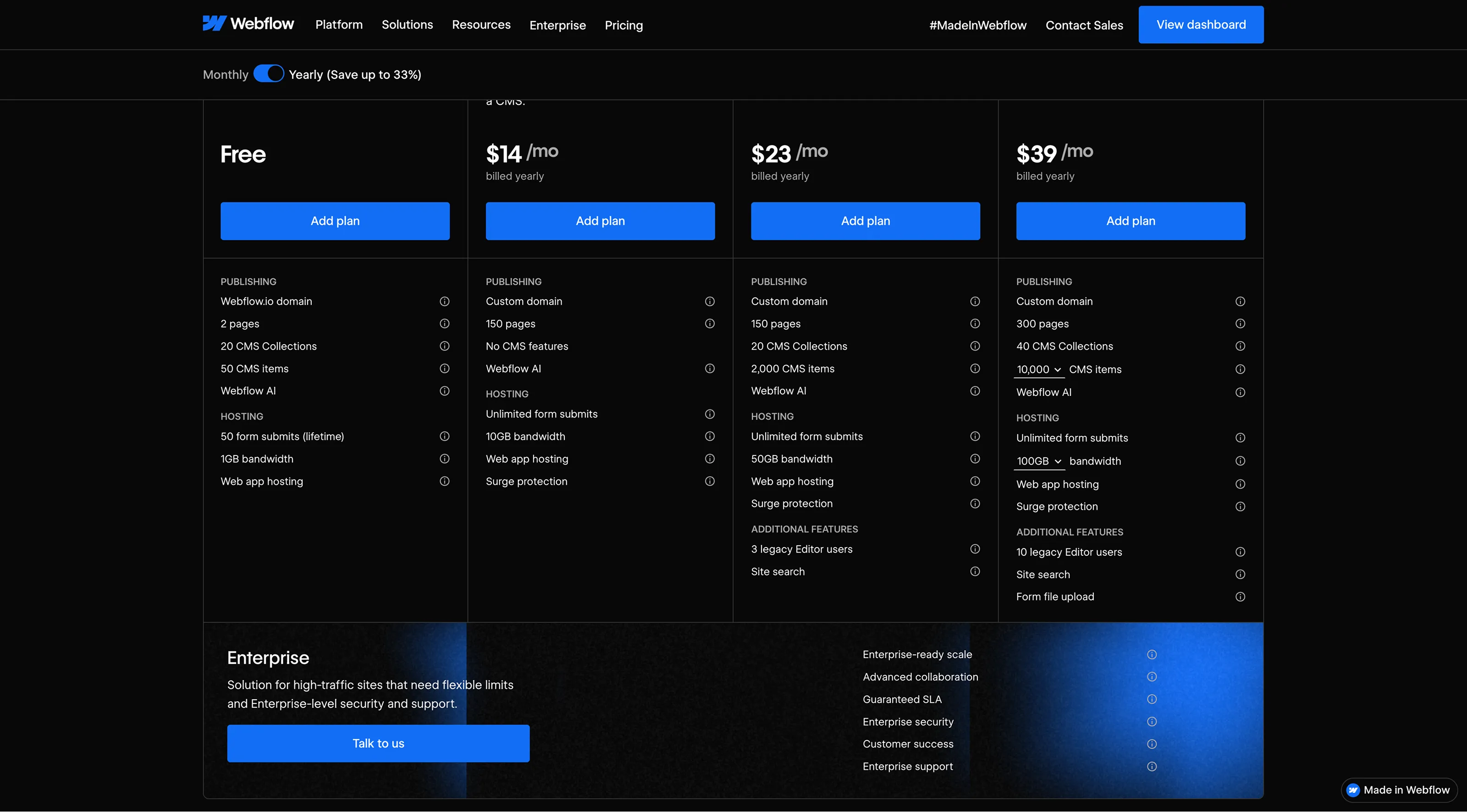 Webflow pricing before 2025