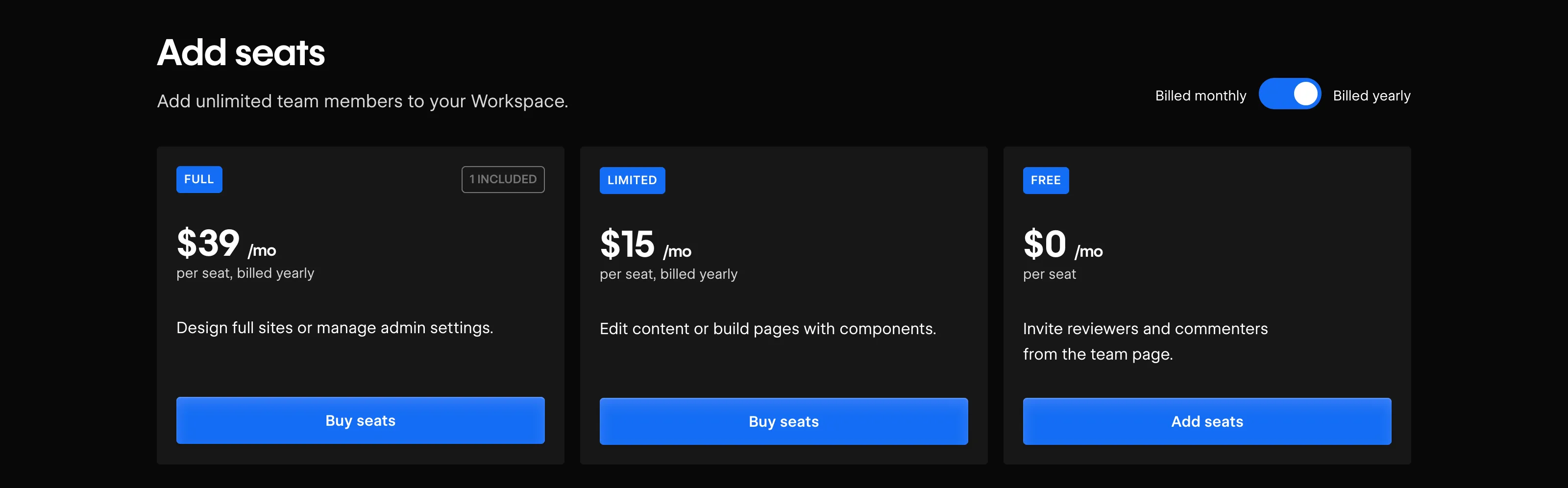 Capture d’écran du pricing des sièges utilisateurs Webflow : Full seat à 39$ et Limited seat à 15$.