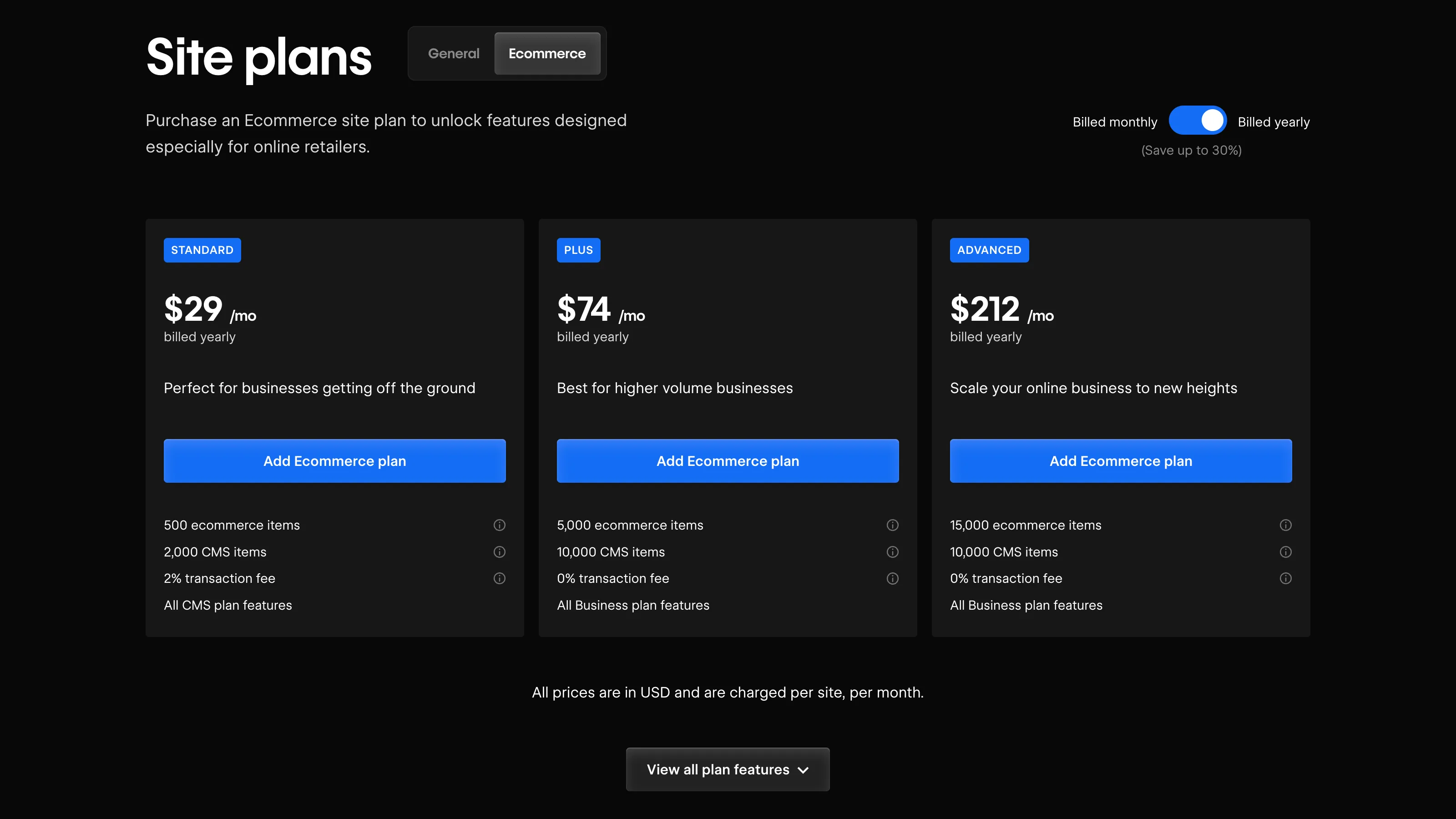 Capture d’écran de la tarification e-commerce Webflow avec les plans Standard, Plus et Advanced.