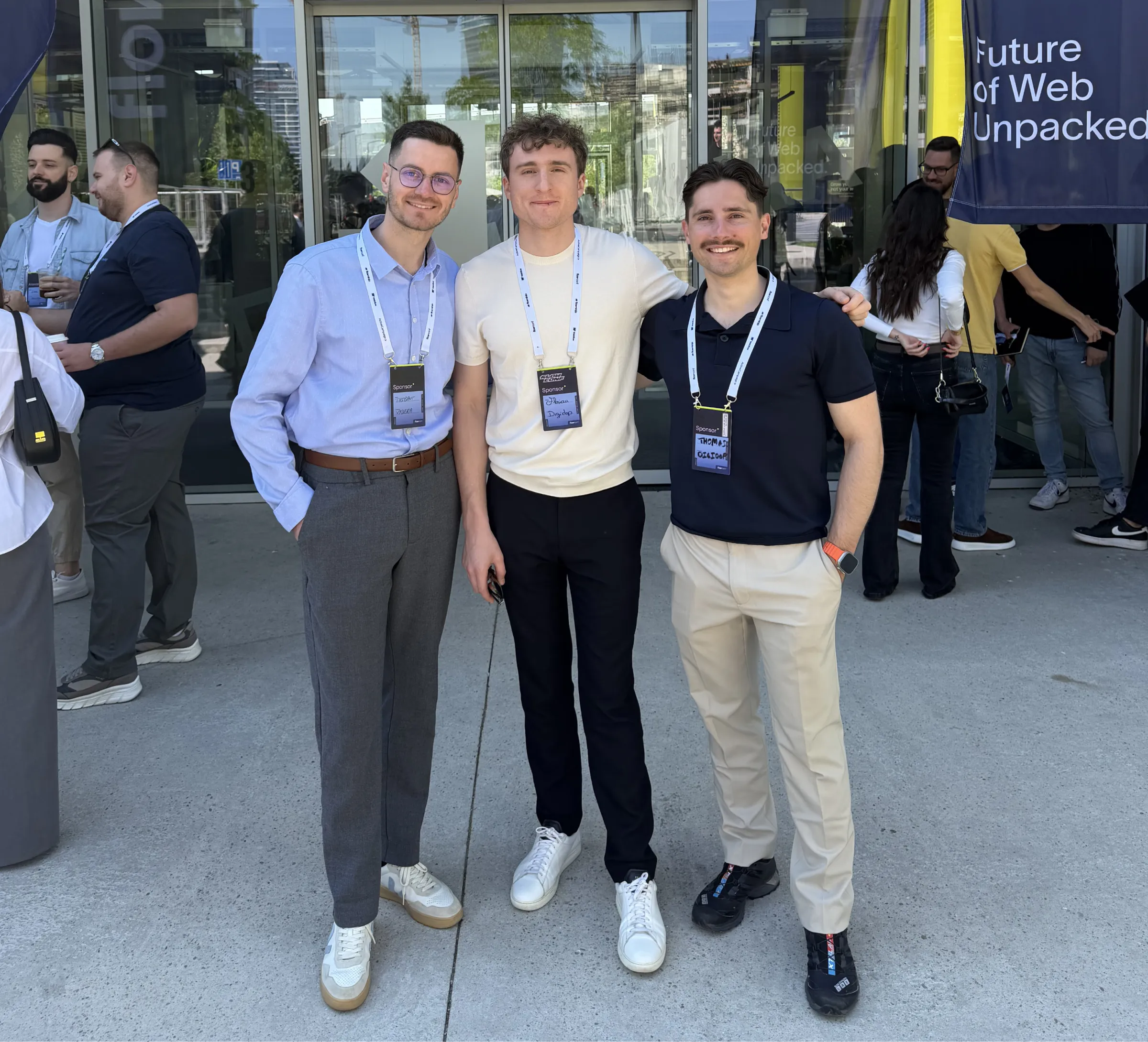 Thibaut Legrand, Florian Bodelot, and Thomas Labonne from Digidop and Vydera in front of the flowConf 2026 venue in Belgrade, a European conference focused on the future of web, Webflow, and AI.